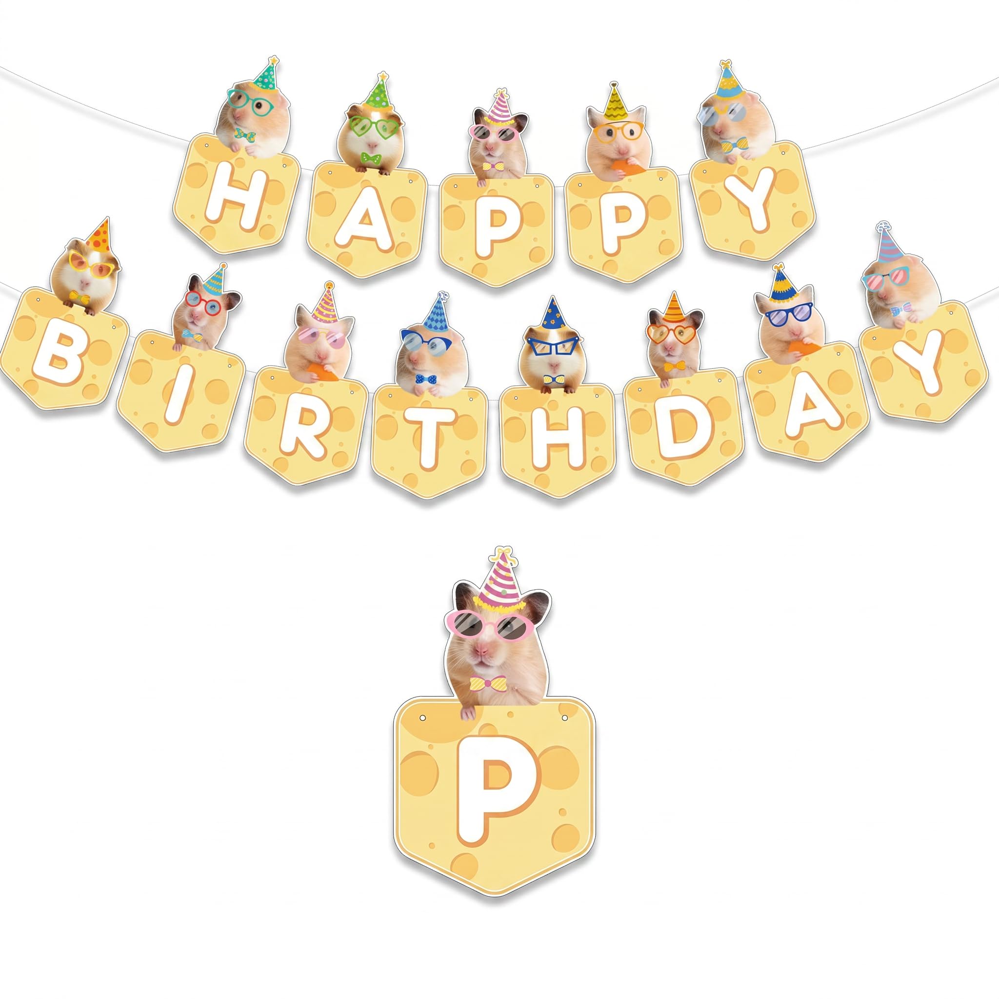 Satiskid Hamster Happy Birthday Banner, Hamster & Cheese Shaped Bunting for Kids’ Birthday Party, Baby Shower & Pet Themed Events
