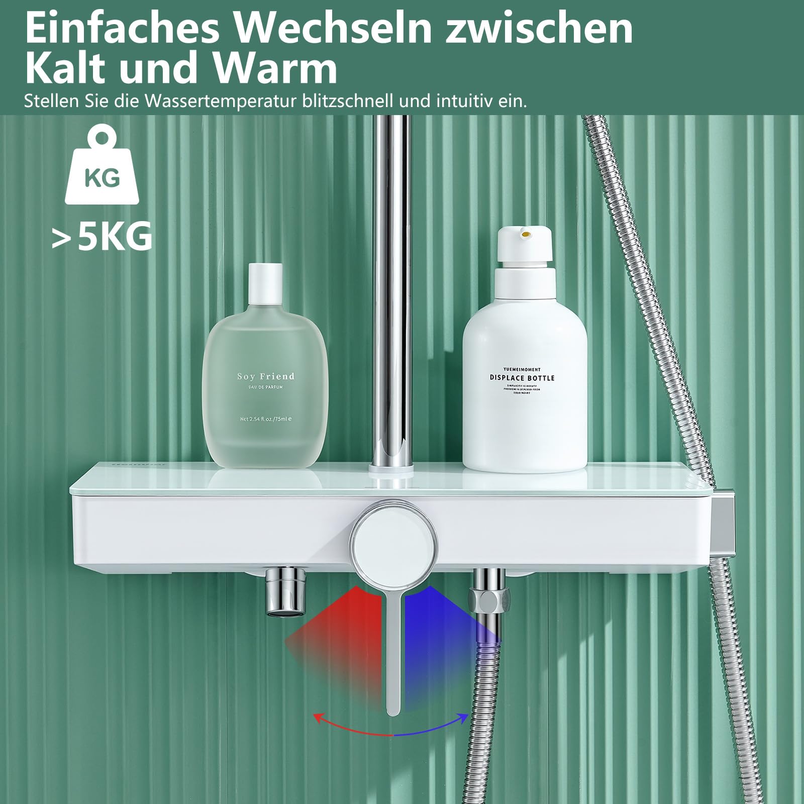 Duschsystem ohne Thermostat mit 26 cm runder Regendusche & Handbrause Duscharmatur Komplettset Höhenverstellbar mit Sicherheitsglas-Ablage & multifunktionalem Schwenkauslauf