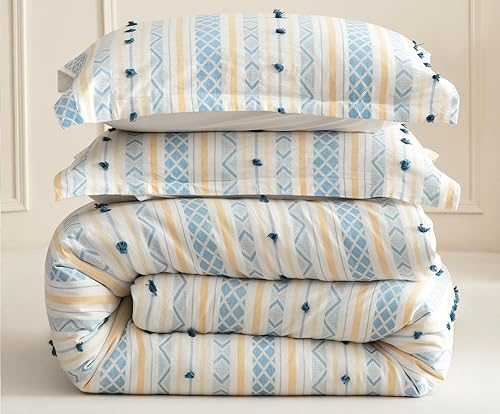 Miniatura 7 de SLEEPBELLA Edredón tamaño King, algodón de 600 hilos estampado blanco con juego de edredón botánico azul, juego de cama alternativo de plumón de 3