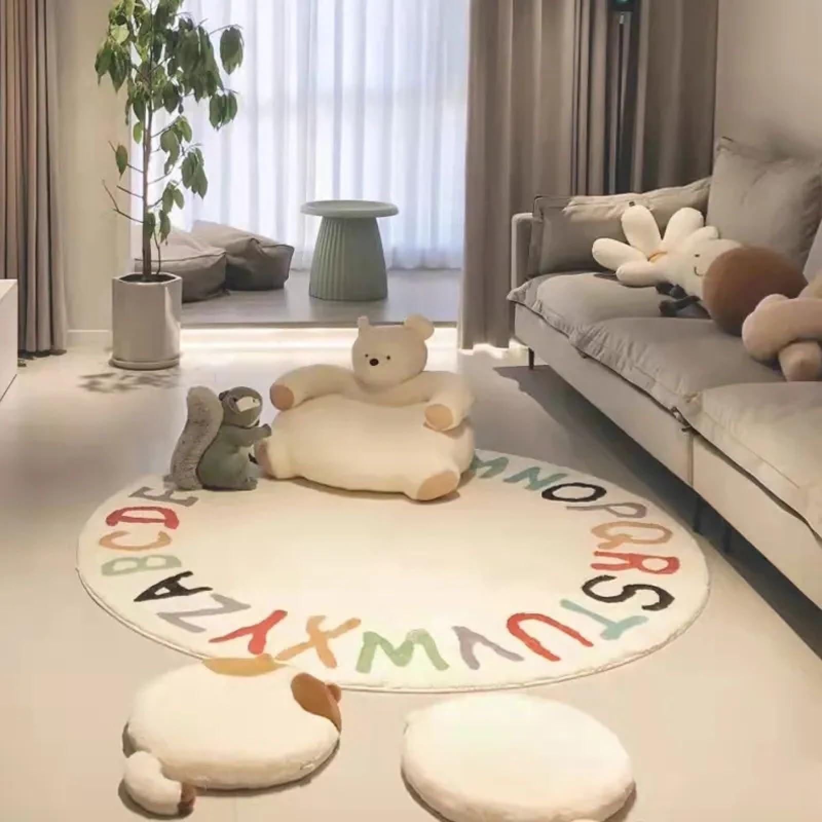 Rururug Alfombra Infantil Redonda Soft Mat Ø 100 cm Letras Coloridas de Dibujos Animados Blanco Alfombra para bebé, Antideslizante, Grande, Alfombrilla de Juego
