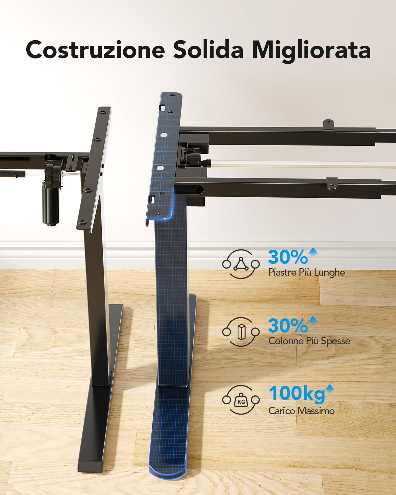 HUANUO Telaio per Scrivania, Gambe Elettriche con Motore Senza Spazzole, Telaio Regolabile in Altezza con Capacità di 100 kg per Piani di 110 x 180 cm, Solo Telaio