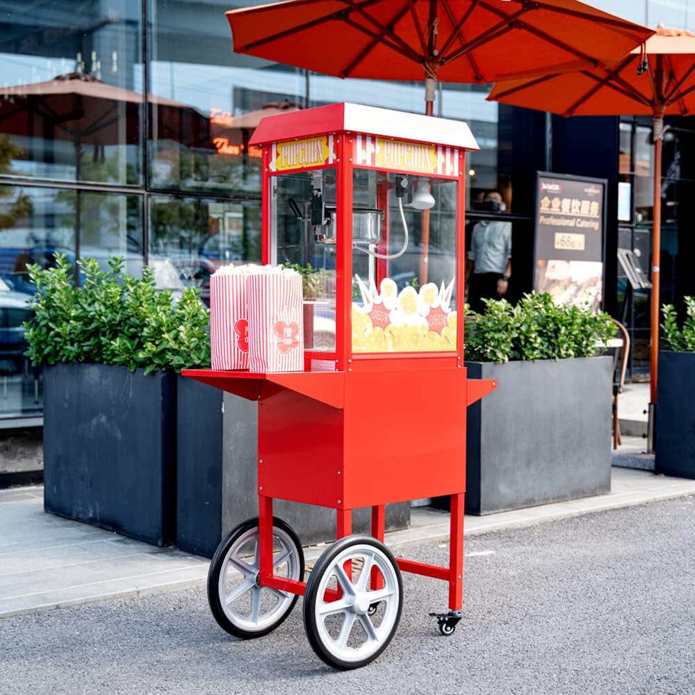 Restaurantware CART ONLY: Hi Tek Popcorn Stand For 8 Ounce Popcorn Maker 1 Red Popcorn Cart - Popcorn Machine Sold Separately 2 Wheels and 2 Locking Casters Stainless Steel Popcorn Popper Stand