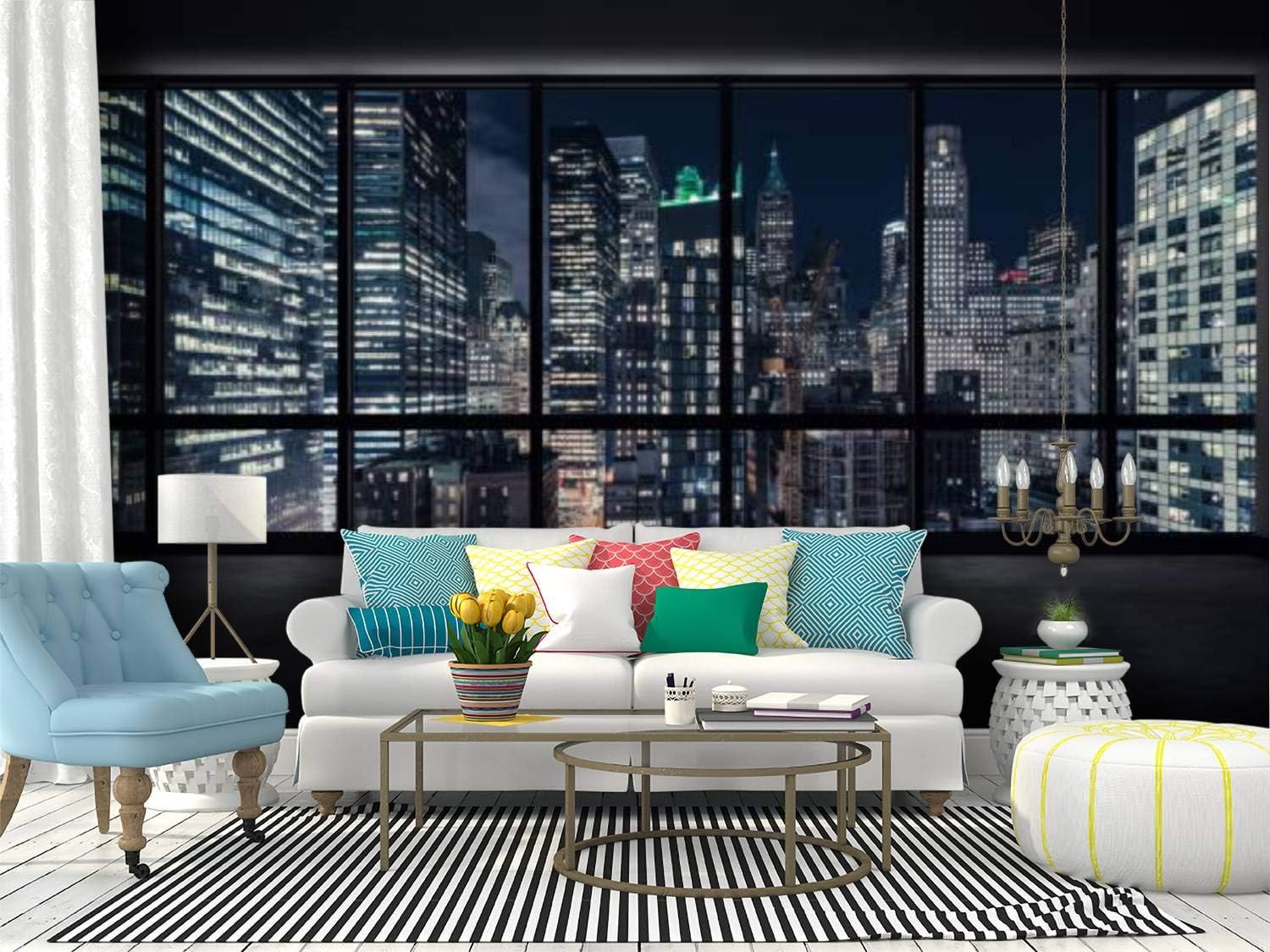 Self Adhesive Wallpaper Roll Paper view of manhattan at night new york city skylines and pictures Removable Peel and Stick Wallpaper Decorative Wall Mural Posters Home Covering Interior Film