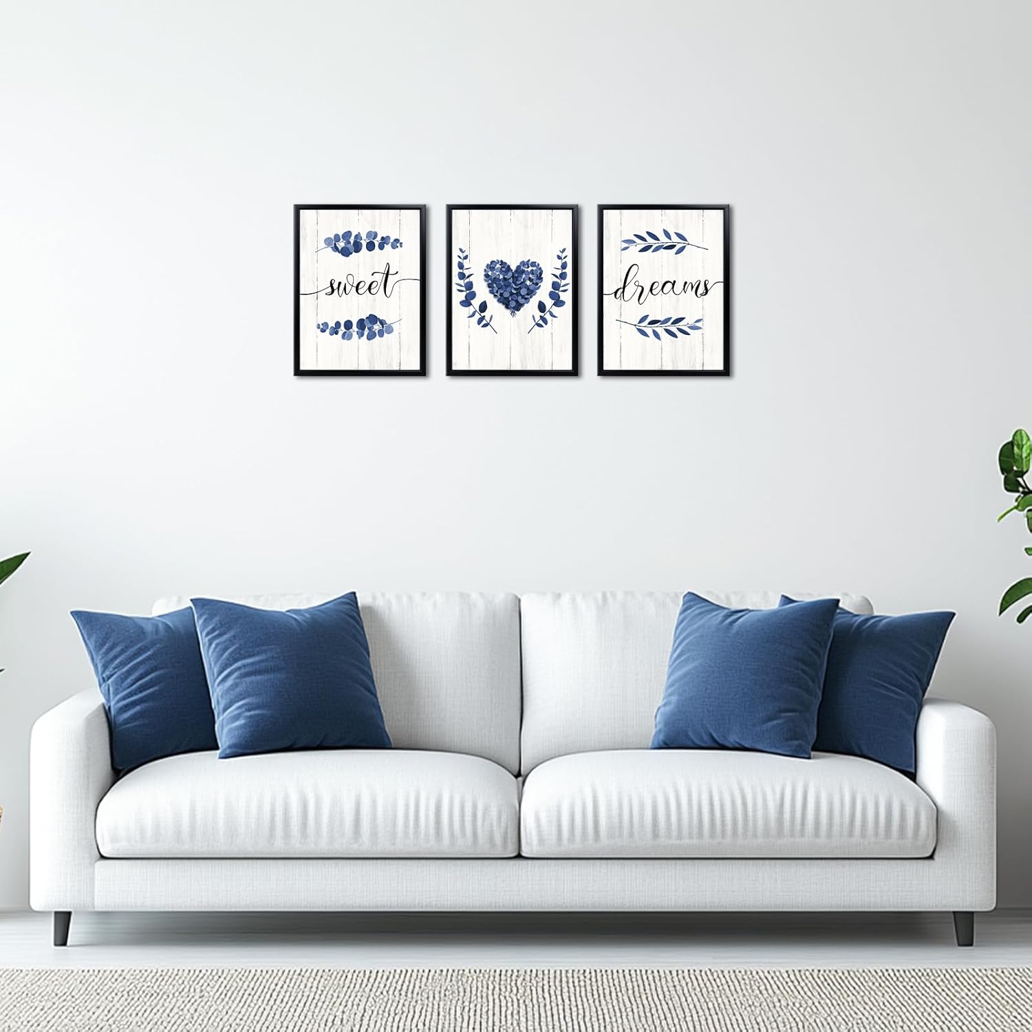 LoveHouse Framed Sweet Dreams Signs Wall Art Quotes Canvas Prints Modern Minimalist Heart Leaves Pictures Painting Farmhouse Wall Decor 3pcs 12"x16" (Blue)