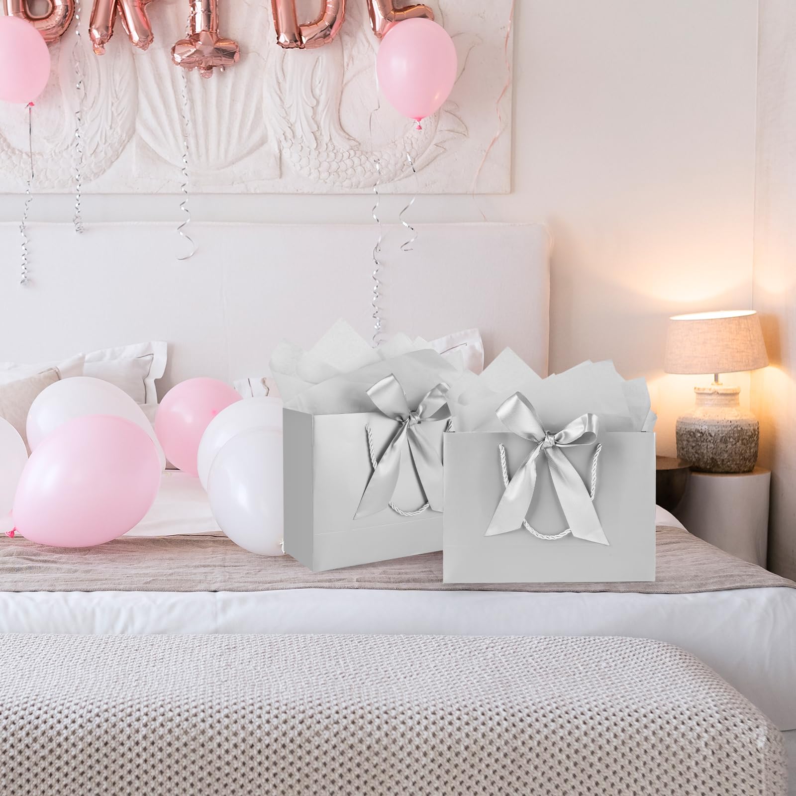 Gfractolux Large Gift Bags for Present, 1 Pcs Gift Bags for Women Men with Tissue Paper and Cards, Gift Bags for Birthdays, Baby Shower, Wedding, Party, Holiday Presents 14.2" x 9.8" x 4.7" (Silver)