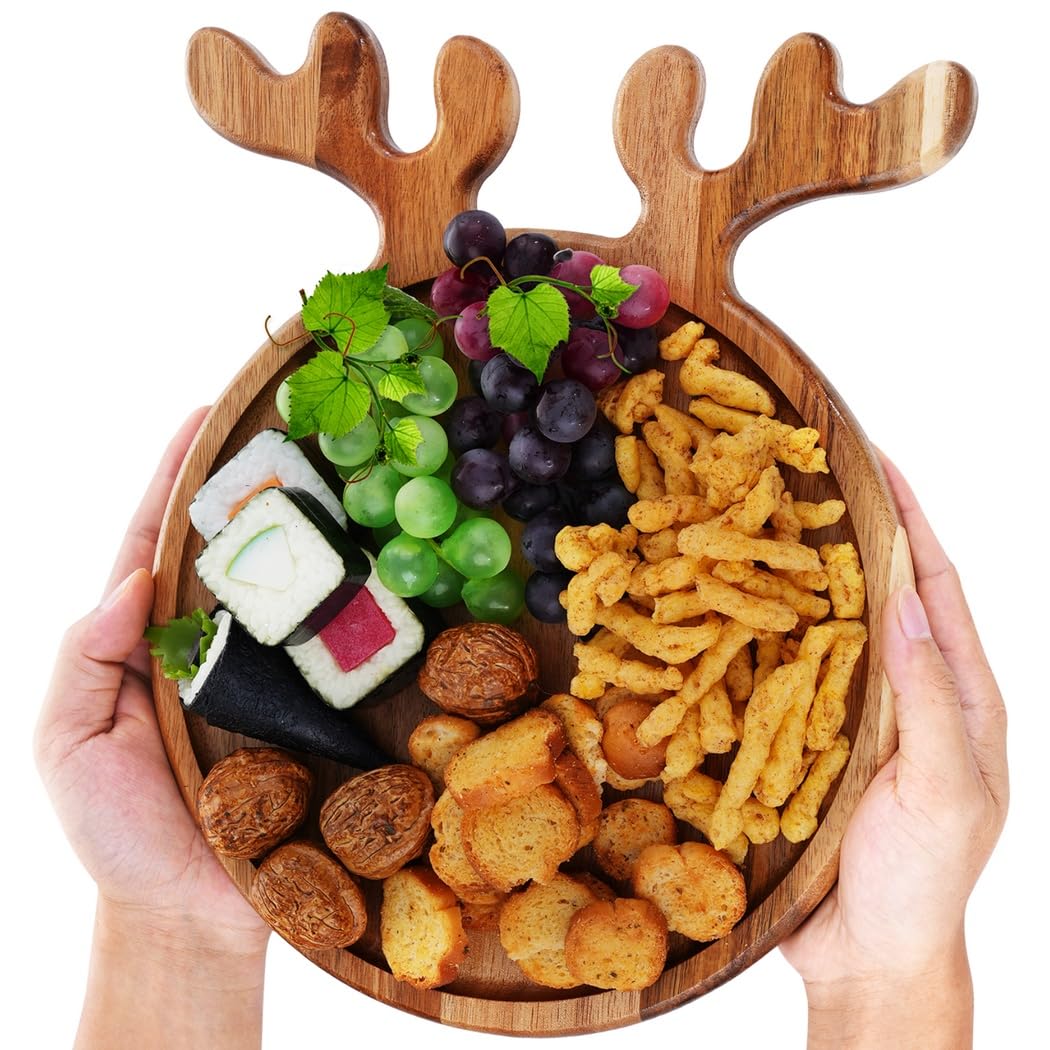 Bandejas de Madera para Servir con Mango de Cuerno, Elegante Bandeja de Desayuno y Té, Plato de Frutas y Aperitivos, Bandeja de Madera Decorativa, Perfecta para Navidad, Bodas, Cumpleaños