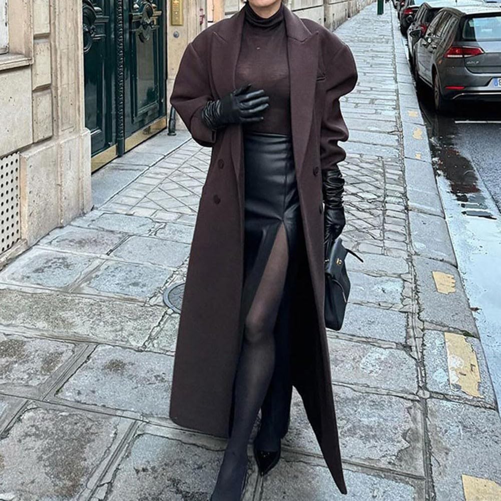 Giacca lunga da donna CY30568, colore puro, elegante, alla moda, per ufficio, pendolarismo, autunno, inverno, casual, lungo, di qualità, professionale, per lavoro (S marrone)