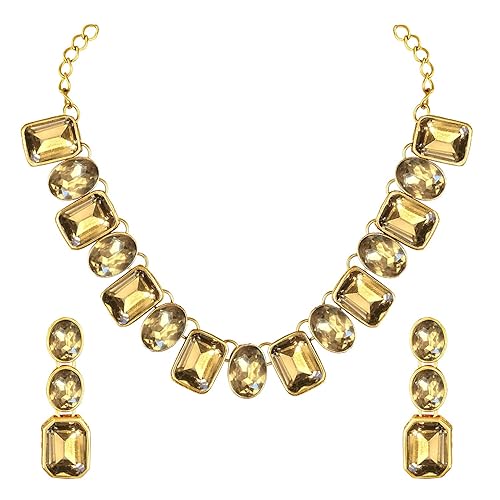 Peora Wedding Square Crystal Necklace with Drop Earrings Indian Traditional Ethnic Jewellery Set for Women Girls