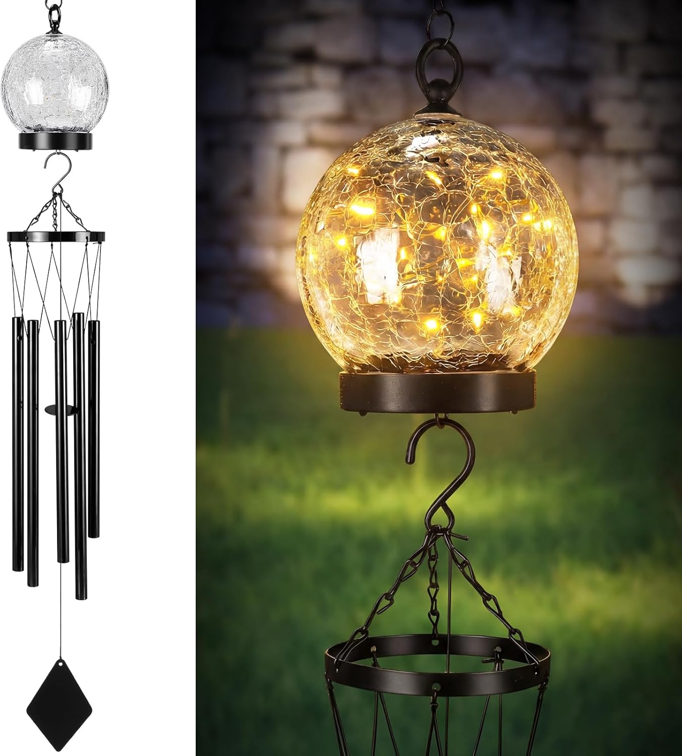 BreezeHug Solar Wind Chimes Outdoor Lights 42 Inch Large Sympathy Gift Chime 15 LED Twinkle Warm White Crackled Glass Ball Hanging Lantern Gifts for Birthday Garden Yard Patio Landscape Decor