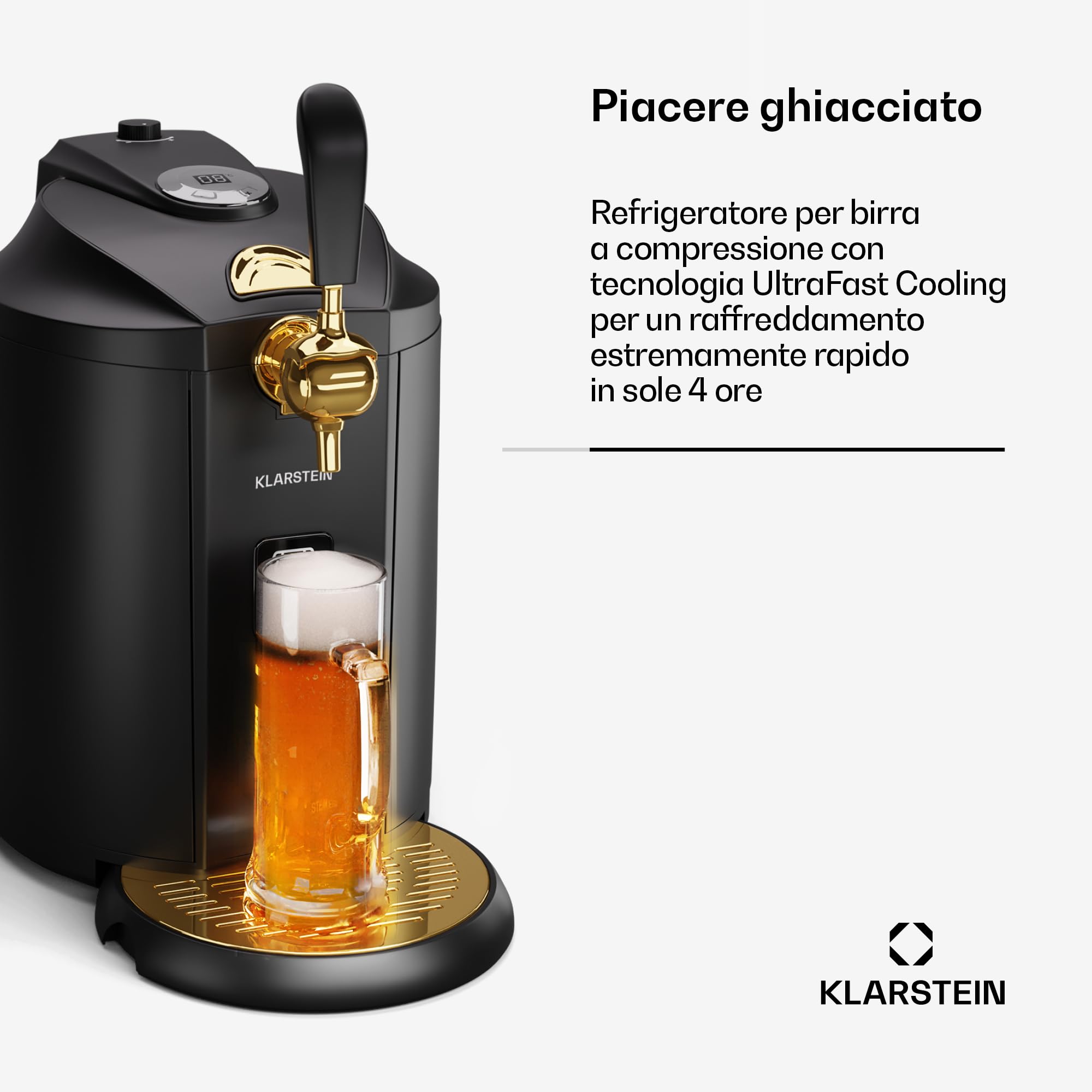 Klarstein Spillatore Birra da Casa - Dispenser Birra con Raffreddamento UltraFast, Temperatura Regolabile, Sistema a Cartuccia CO2, Display LCD