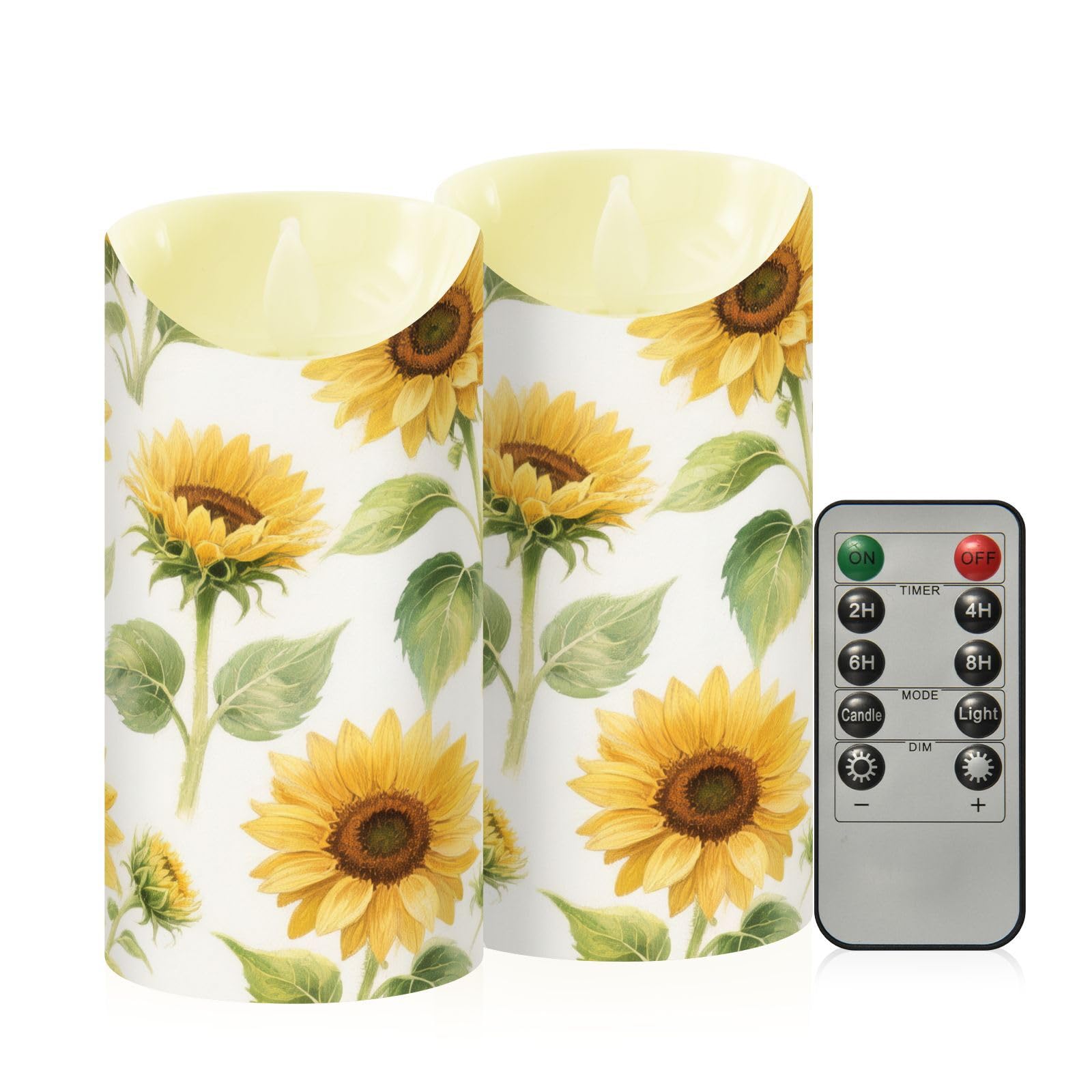 Cgiub Sunflower Flameless Candles with Timer 2pcs Battery Operated Flickering Flameless LED Pillar Candles for Holiday Home Wedding Fireplace Decor