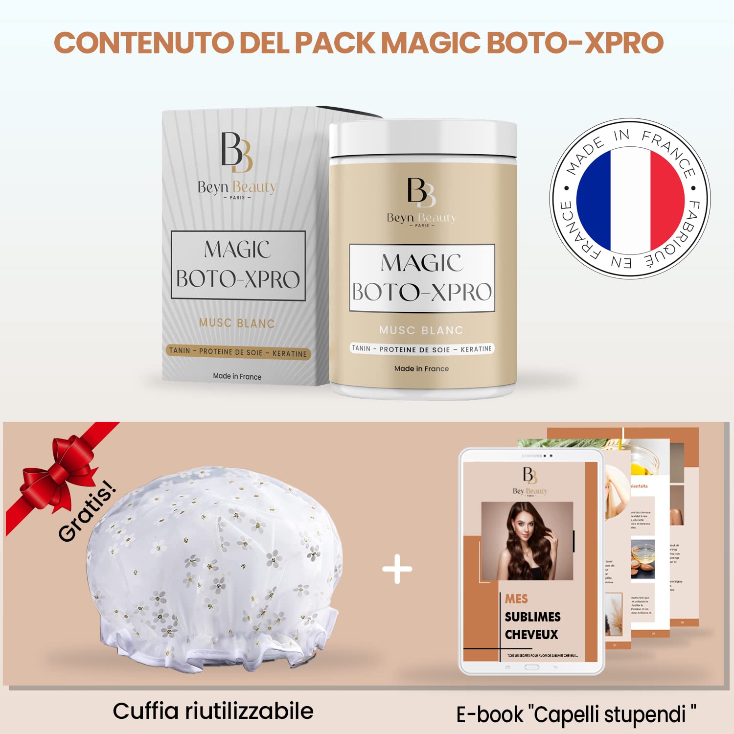 Maschera Capelli Ristrutturante Magic Botoxpro, Trattamento capelli danneggiati, Idratante, lisciante, rinforzante, Acido ialuronico, cheratina, tannino, Made in France (Muschio Bianco)