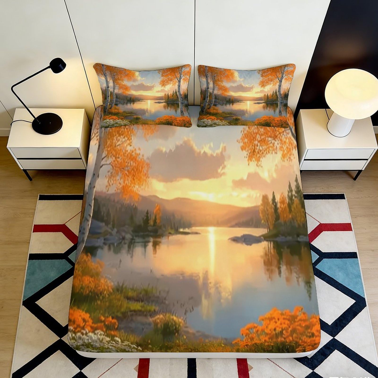 3D Printed Sunset Lake Fitted Sheet Microfiber Autumn Forest Mattress Cover Non-slip for Bedroom Guestroom Decor 160x200x25cm