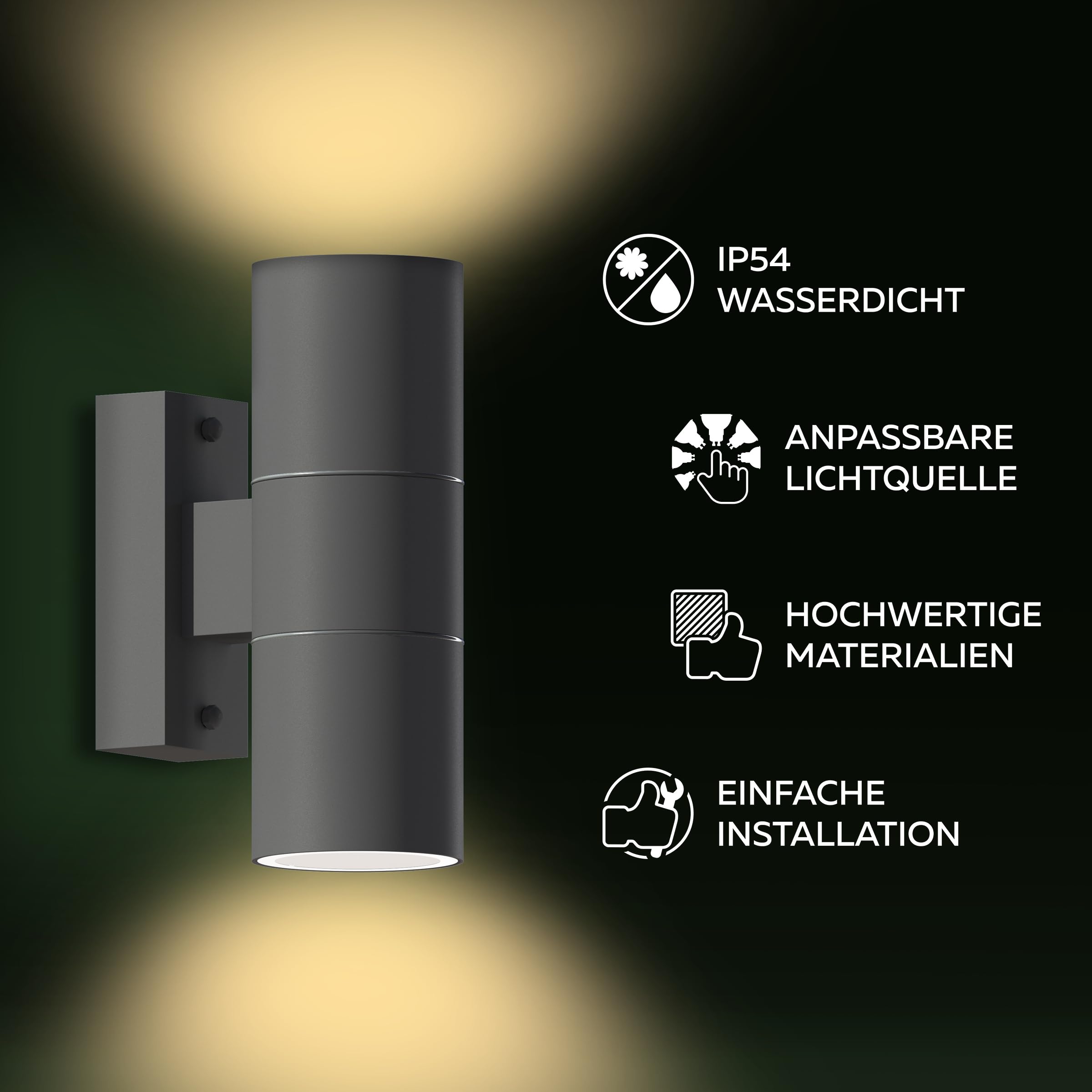 CALEX Turin Wandleuchte, für Außen & Innen, 2x GU10 Fassung, Zylinderform, Up & Downlight, wasserdicht, ohne Leuchtmittel, Anthrazit, 4er Pack