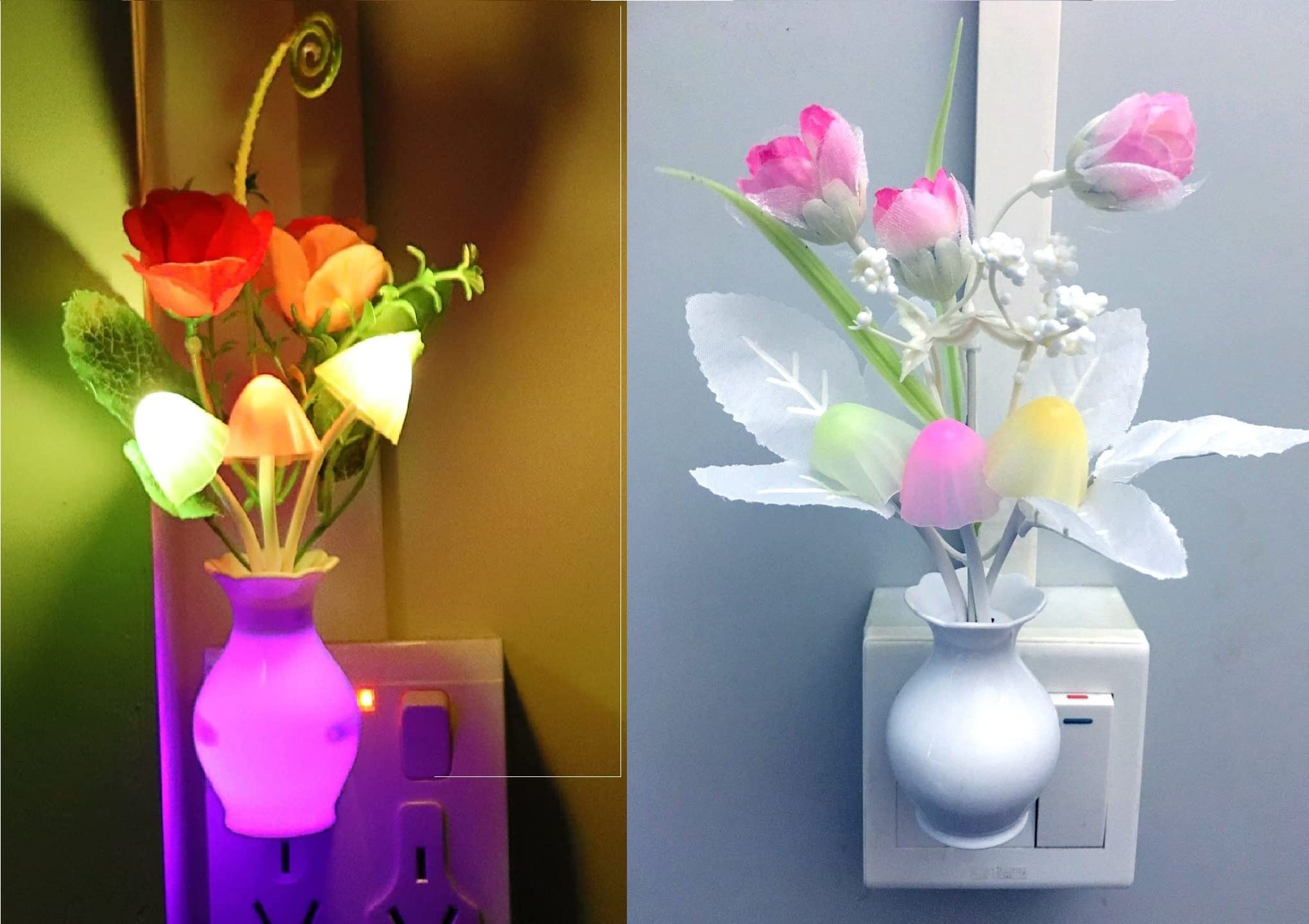 HSR Plug In Led Night Light Auto Dusk To Dawn Sensor, 0.5W Energy Saving Lamp Dream Nightlight Rose Flower (Pack Of 2,Plastic)