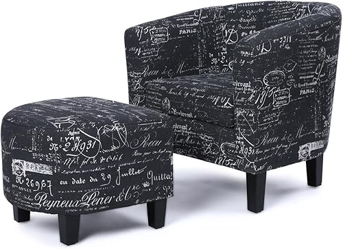 Miniatura 47 de Silla Belleze Accent Club con brazos redondos modernos y elegantes, con otomana, con espalda curvada, impresión francesa, de lino y piel sintética,