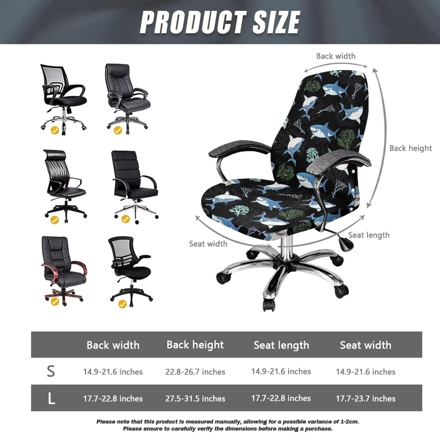 Wanyint Shark Coral Black Office Chair Cover Rotating Chair Slipcover Protective Gaming Chair Cover for Office Chair Stain Resistant Washable Office Chair Protector, L