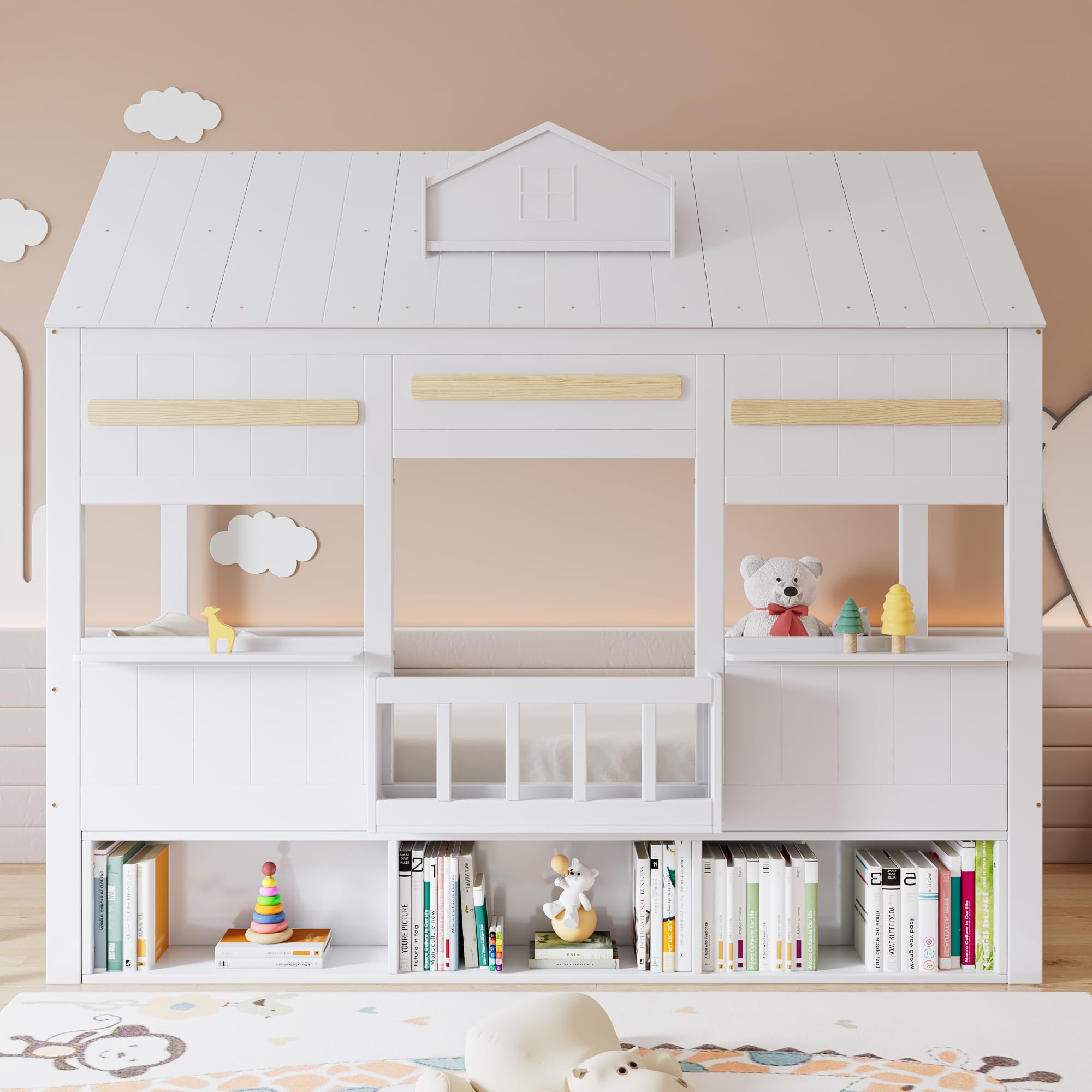 Letto Casetta per Bambini 90x200cm con Libreria e Finestre, Strutture letto in Legno di Pino, Rete a doghe(Nessun materasso