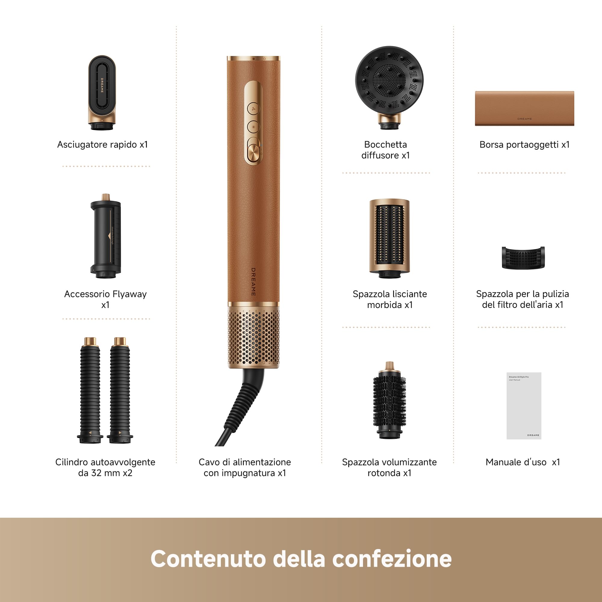DREAME AirStyle Pro 2 7 in 1, Asciugatura Rapida, 2 Cilindri Arricciacapelli, Capelli Volumizzanti, Riduzione dell'Effetto Crespo, Confezione in Pelle, Styling a Flusso d'Aria, Design Magnetico