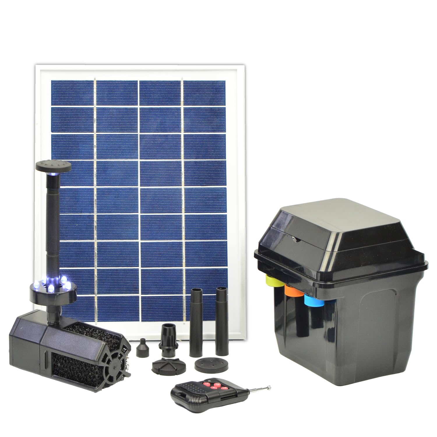 Profi-Pumpe® Oslo 300 | Kit Bomba Solar para Estanque con Batería y Mando | Panel 3W Marco Aluminio | 300 l/h con Luces LED | Fuente Solar Completa para Jardín y Terraza | Calidad Profesional