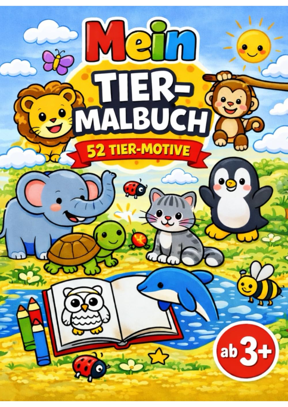 Tiere Malbuch für Kinder ab 3 Jahren – A4 Großformat: 52 große Motive | Einfach auszumalen | Einseitig gedruckt