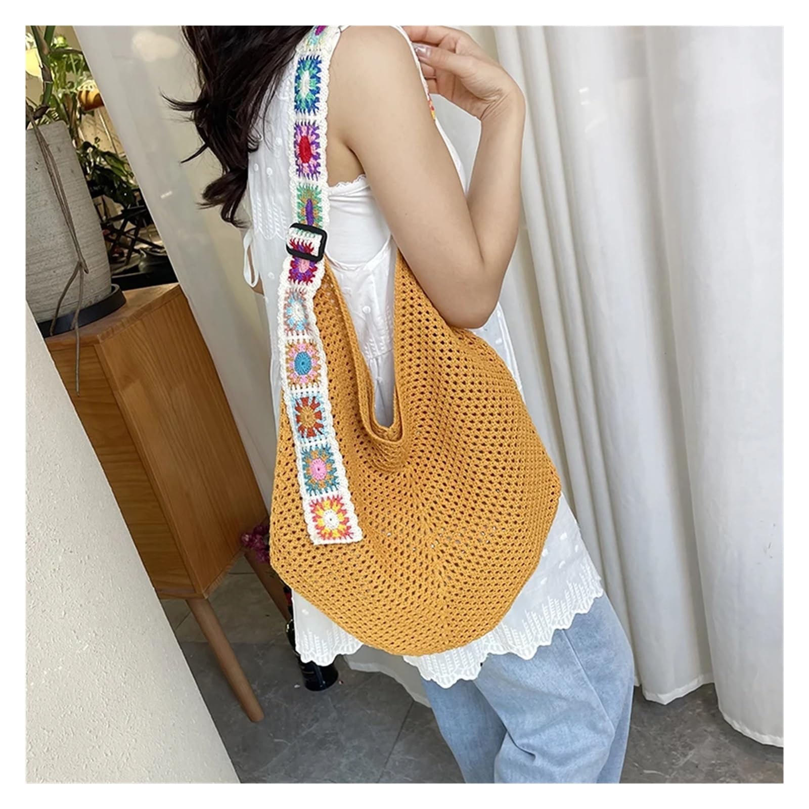 Bolso Ganchillo Flores Bolso de mano tejido hueco, fresco y veraniego: gran capacidad, de un solo hombro, ideal for ocio y vacaciones.