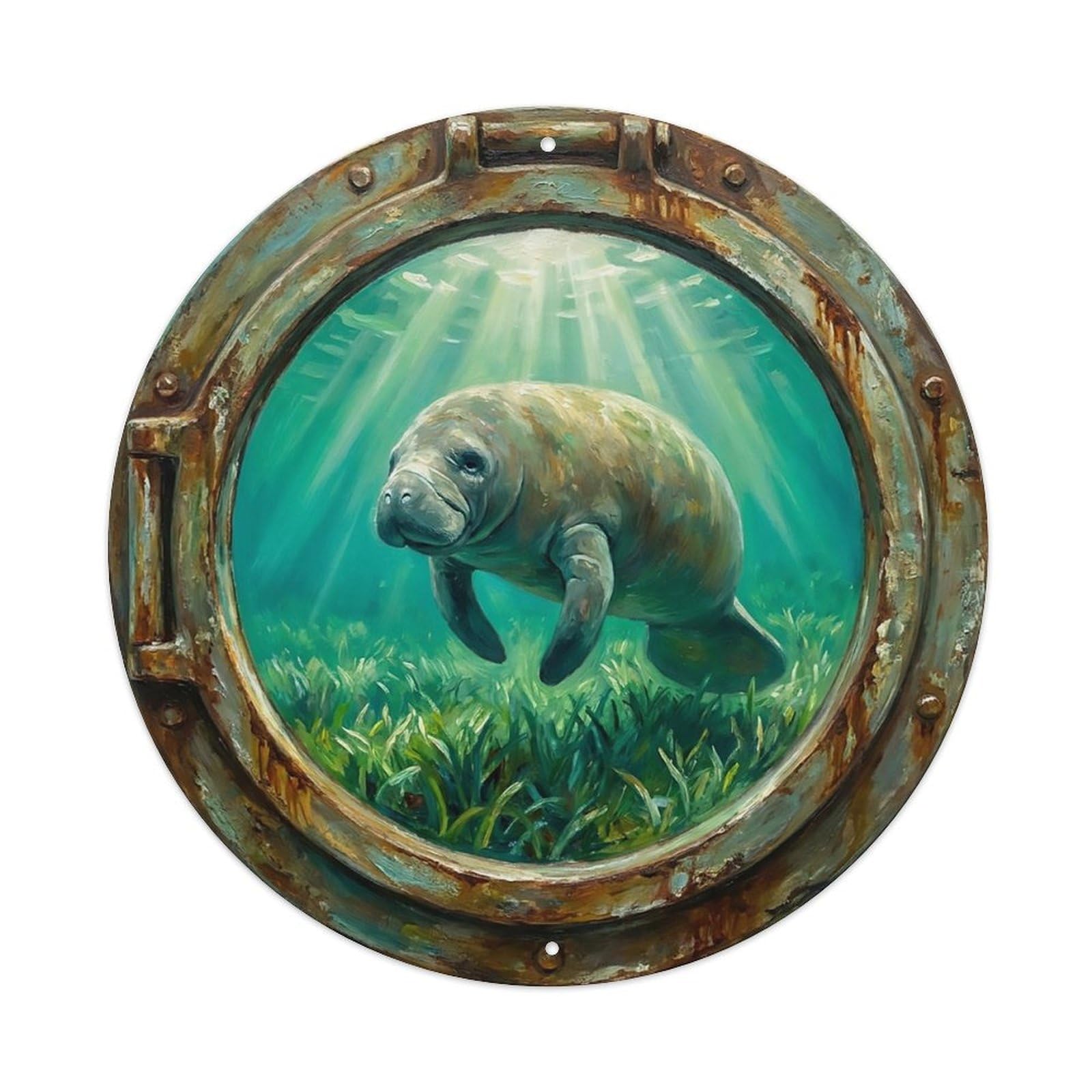 Vintage Porthole Manatee Gentle Ship Window Undersea Deep Sea Metal Tin Sign