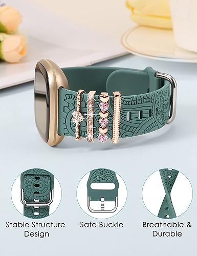 Miniatura 5 de TOYOUTHS Correa decorativa para anillo compatible con Fitbit Versa 4Versa 3Sense 2Sense, correas de silicona con purpurina bohemia floral grabadas