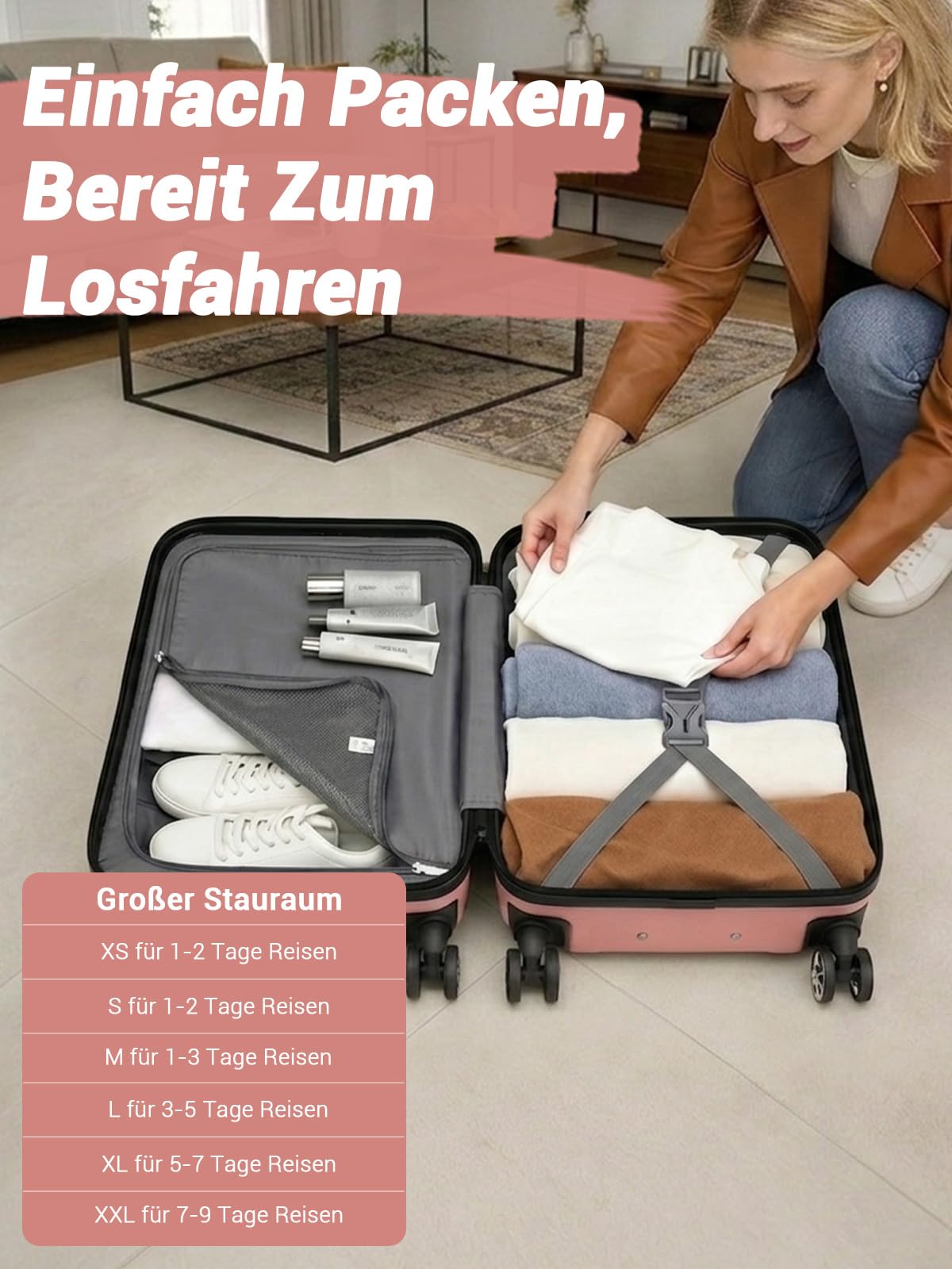 KONO mittelgroßer Koffer Hartschale ABS+PC, Reisekoffer Trolley mit TSA Schloss, Leichter Koffer mit Rollen für Urlaub, Familienreise & Business (Roségold, 66 cm)