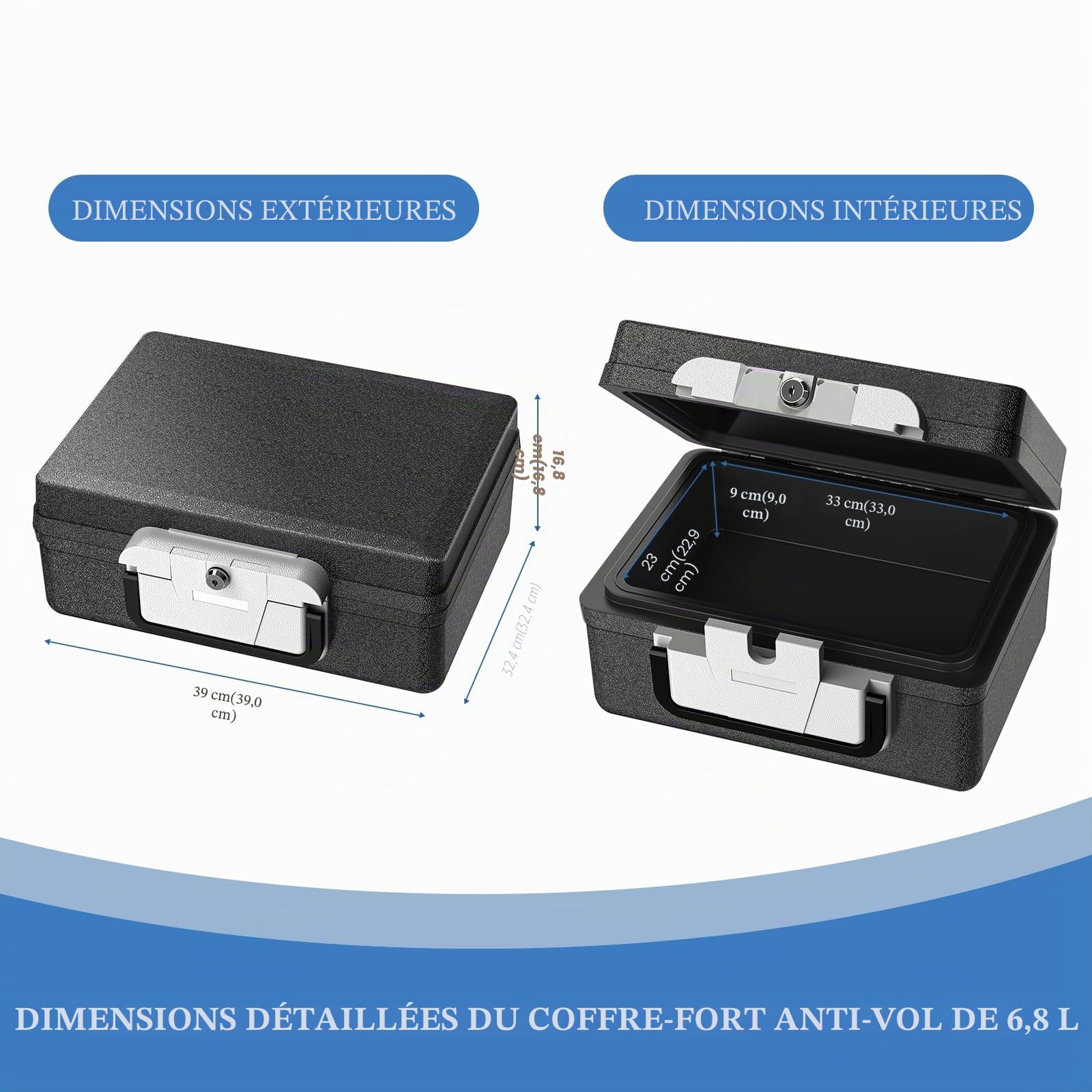 WASJOYE 21L Ignifuge Coffre fort Portable Etanche avec Clé, coffre fort anti feu, Boîte de Sécurité pour Documents Anti feu, Safe Box pour Argent en Espèces Médicaments Bijoux A4 Documents