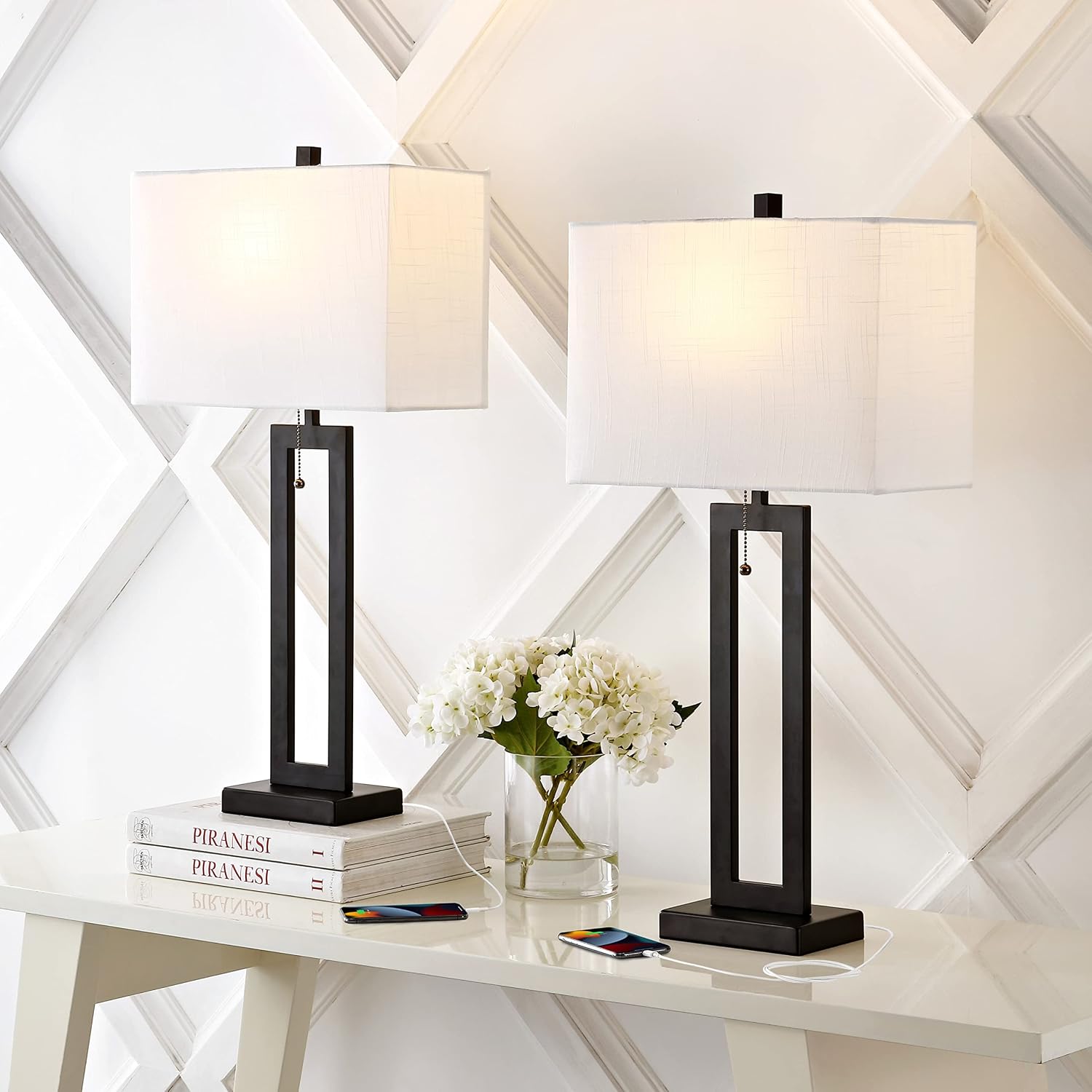Eyely EYL1126B-SET2 Abigail 28.5" Vintage Industrial Iron LED Table Lamp with Pull-Chain, USB Charge Port, for Reading Room, Living Room, Office, Bedroom, Mid-Century, Nickel (Set of 2)