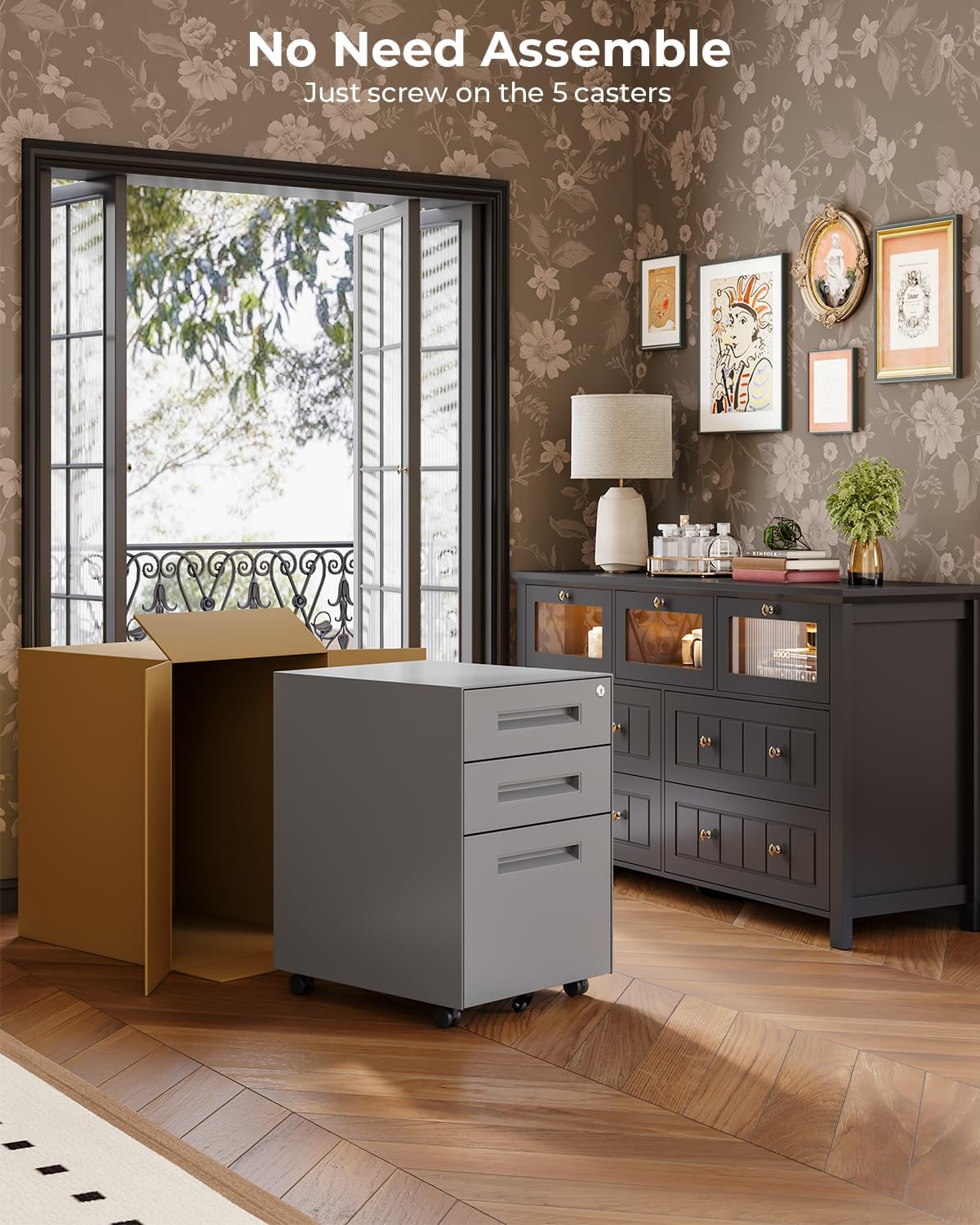 Dripex 3 Drawer File Cabinet, Mobile File Cabinet with Lock on Wheels, Letter/Legal Size, Fully Assembled, Modern Small Short Vertical Metal Rolling Filing Cabinets Under Desk for Home Office (Grey)