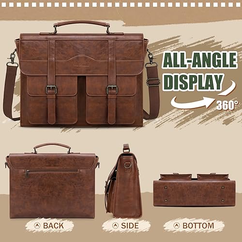 Miniatura 8 de RAINSMORE Mens Messenger Bag 17 Inch Vintage Leather Laptop Briefcase Magnetic Closure Large Satchel Computer Shoulder Bag