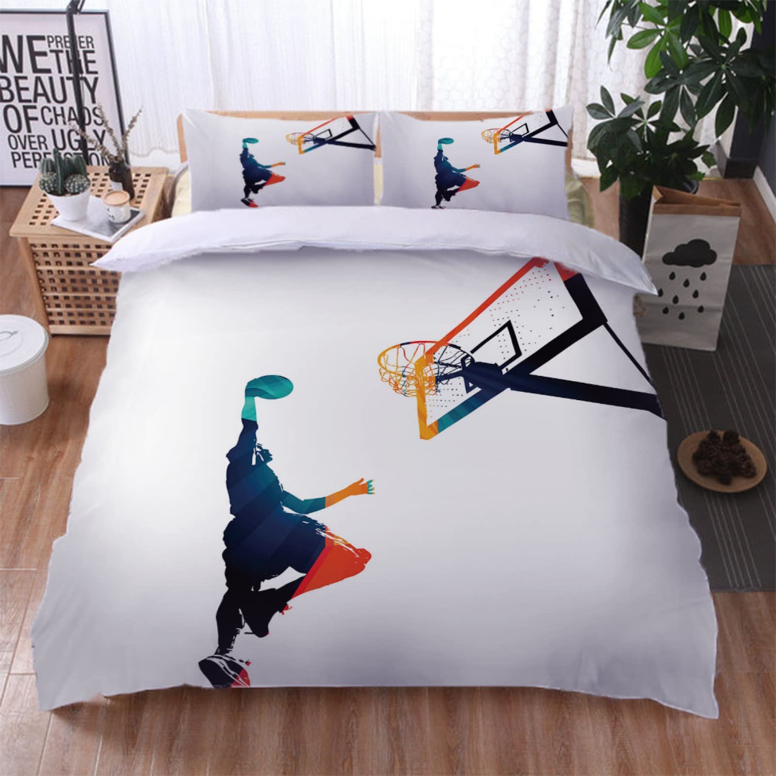 Funda Nordica Cama 90 Baloncesto Blanco 3 Piezas Juego de Ropa de Cama de Microfibra para Niños Niñas, Funda de Edredón 150x220 cm con Cremallera y 2 Funda de Almohada 50x75 cm