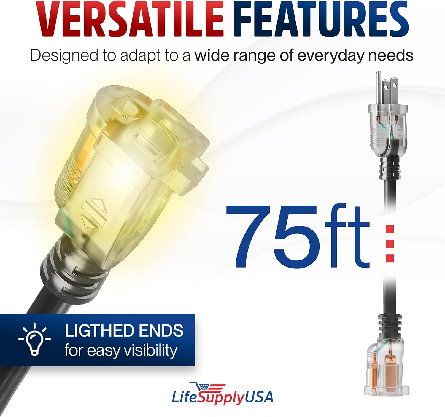 75ft Outdoor/Indoor Extension Cord 16/3 Gauge Heavy Duty 3 Prong SJTW, Waterproof, ETL Listed, Flexible Cold-Resistant Long Power Cord,10A 125V 1250W, Black by LifeSupplyUSA