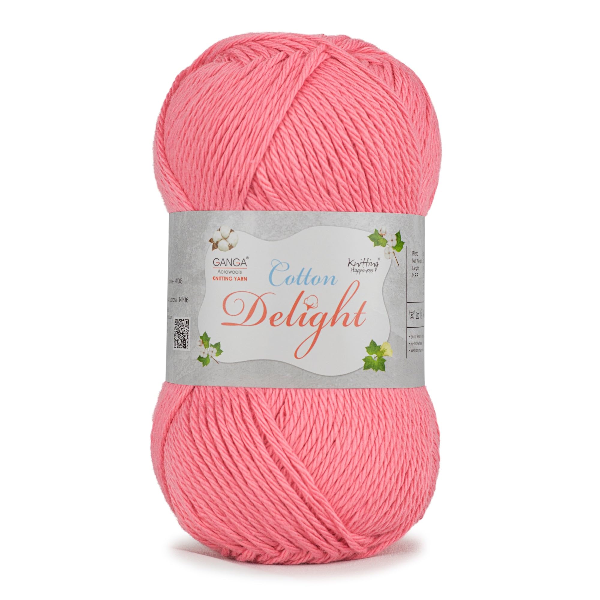 Ganga Acrowools Cotton Delight, Dk Weight Cotton Yarn, Oekotex Class L Certified 100G, 169M (Rose Pink)