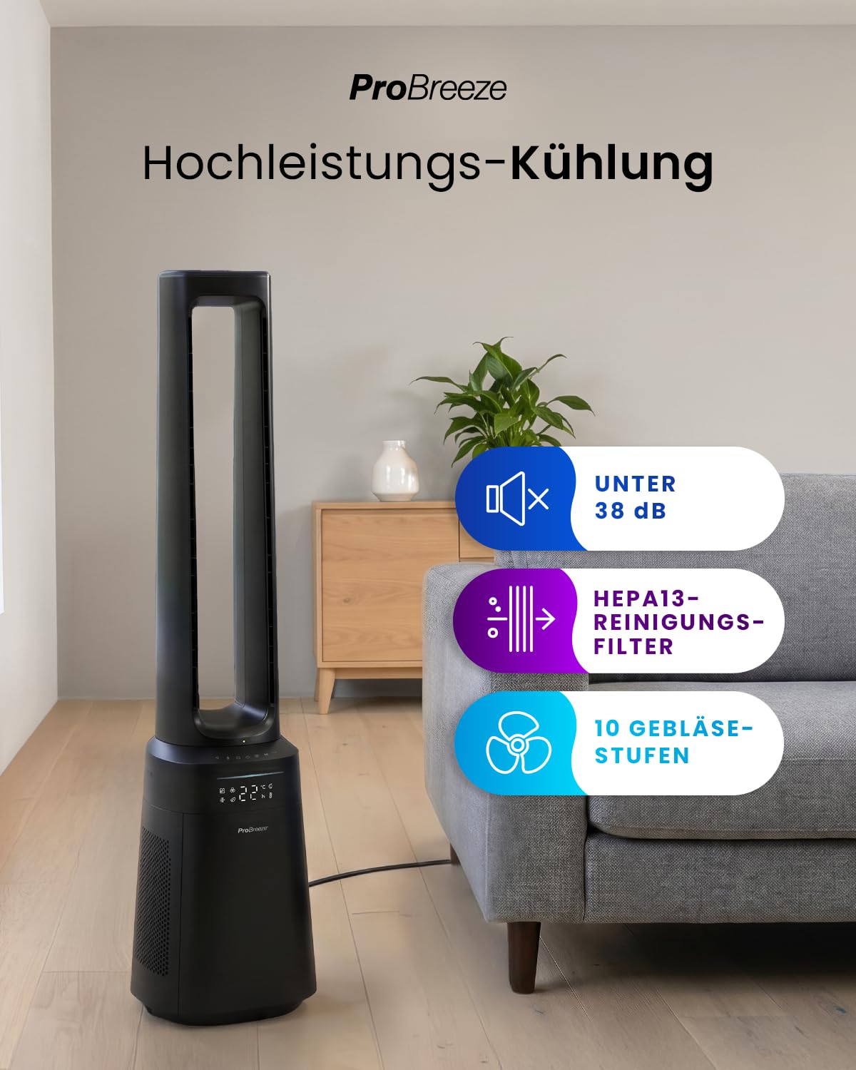 Pro Breeze OmniAir 105cm Turmventilator mit Luftreiniger, HEPA 13 Filter, WLAN, App, 10 Geschwindigkeiten, 5 Modi, Auto 75° Oszillation