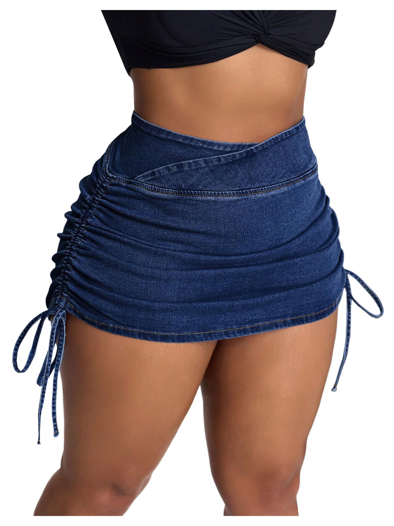 Floerns Womens Plus Size Cross Wrap Waist Denim Skirt Drawstring Side Mini Skirt
