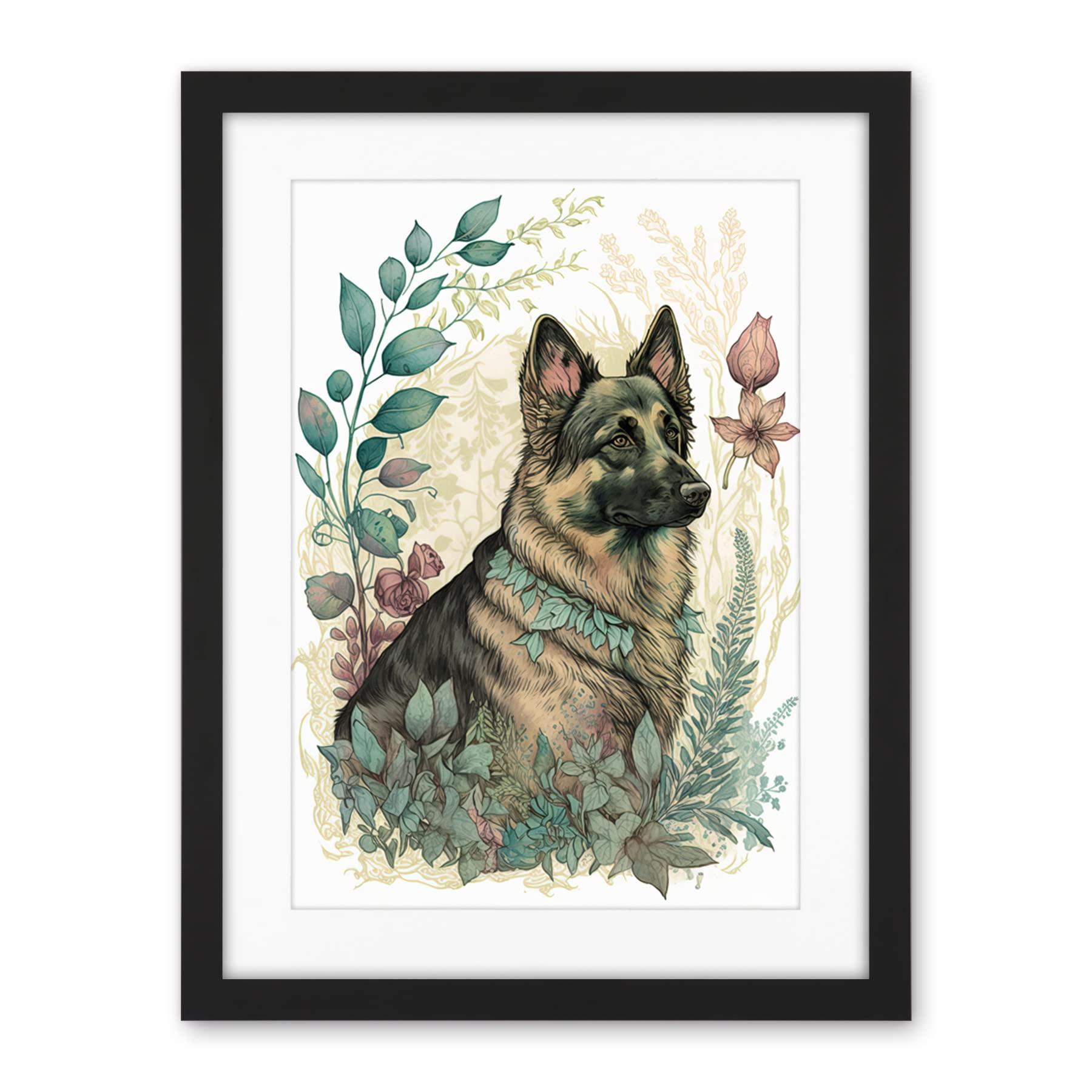 Artery8 German Shepherd Dog with a Leaf Collar Spring Field Boho Pastel Watercolour Illustration Artwork Framed Wall Art Print 18X24 Inch