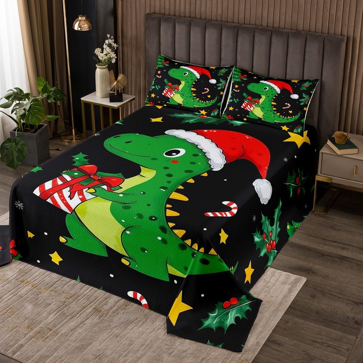 Erosebridal Kids Christmas Dinosaur Bedspread Set Cartoon Xmas Dino Print King Quilt Set for Boys Girls Teen,Cute Animal Santa Hat Coverlet Set Winter Snowflake Stars Plant Bedding Set