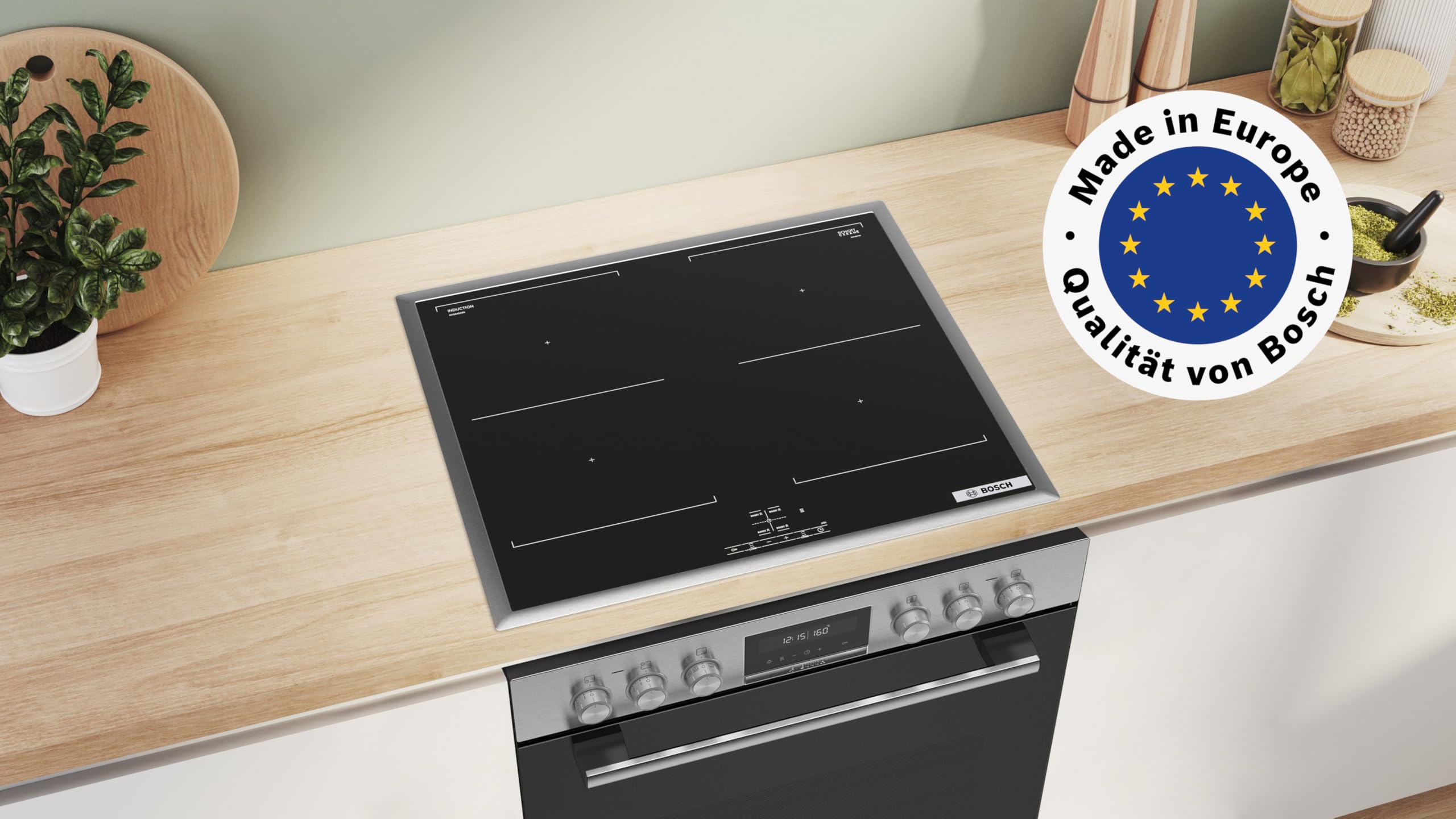 Bosch HND617LS62 Einbauherd-Set, Bestehend aus HEG517BB4 Herd, 60 x 60 cm, 3D Heißluft, Hydrolyse, LED Display, Pizzastufe & NVQ645CB6E Induktionskochfeld, 2 Combi Zones, Edelstahlrahmen