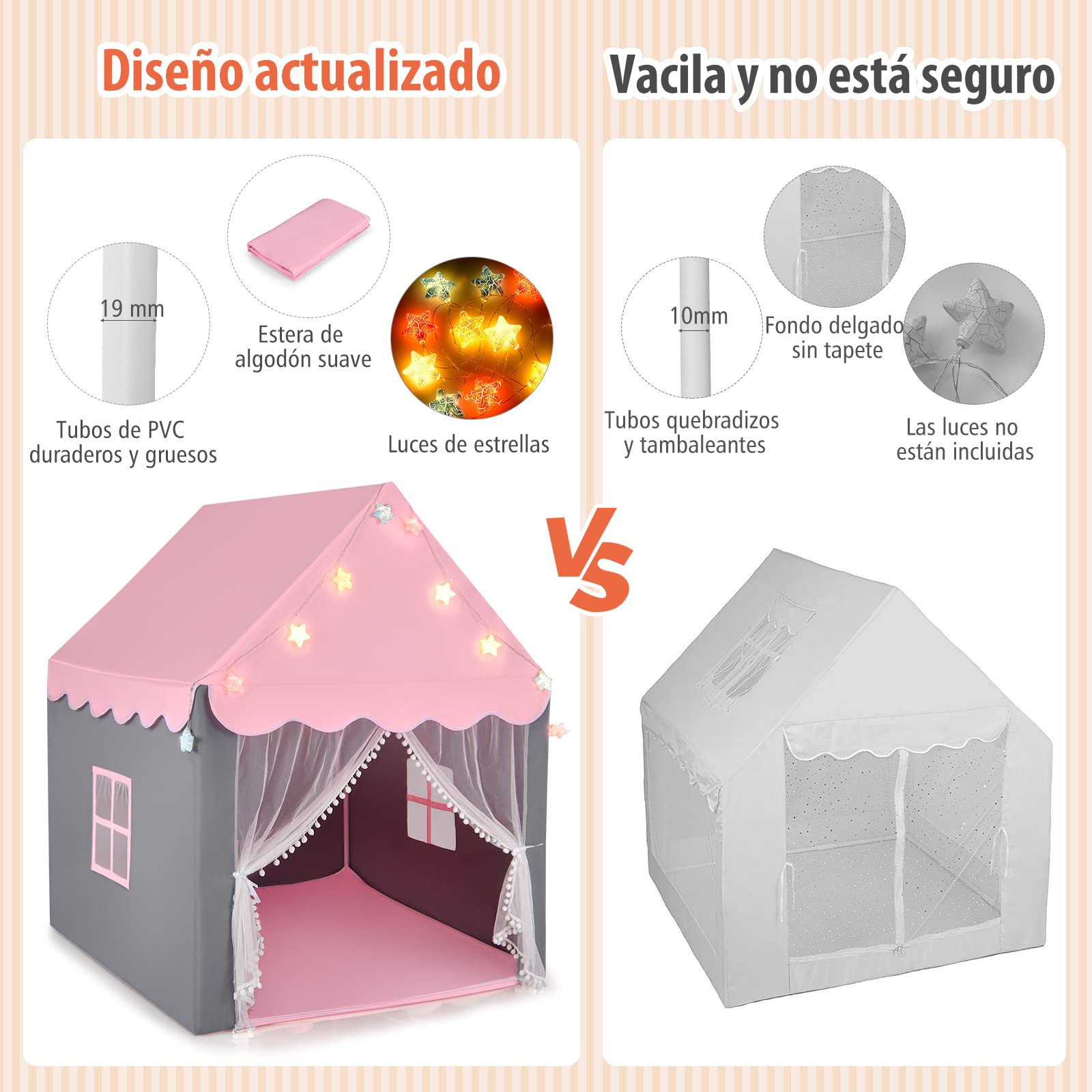 COSTWAY Carpa para Niños con Colchoneta Lavable, Luces de Estrella, Ventanas, Cremalleras Inferiores, Carpa Castillo de Hadas, Casa de Juegos, Tienda Infantil de Campaña para Niños y Niñas (Rosa)