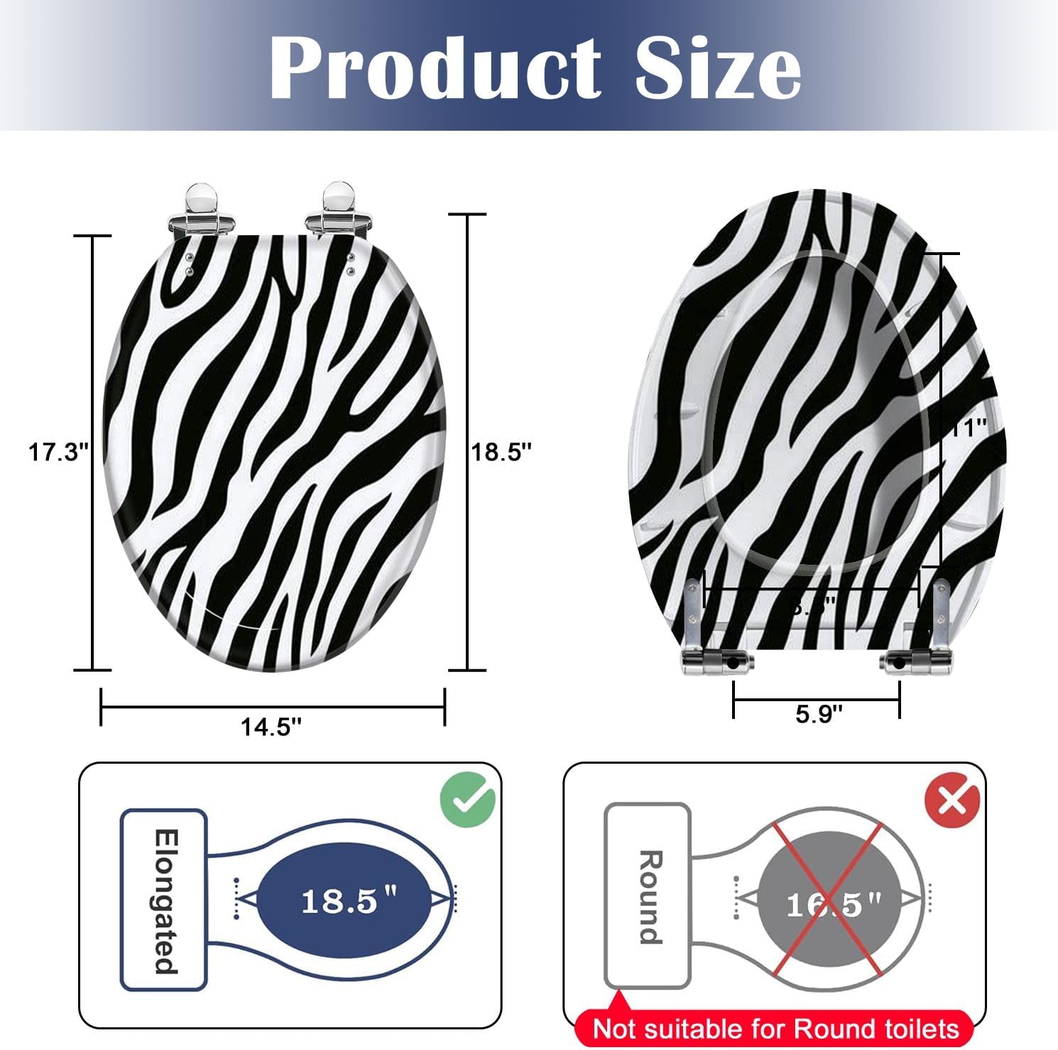 Elongated Toilet Seat Full Seamless Zebra Tiger Stripes Animal Skin Pattern Black White Resin Toilet Seat Slow Quiet Close with Quick-Release Hinges Toilet Seat with Cover Easy to Clean Install