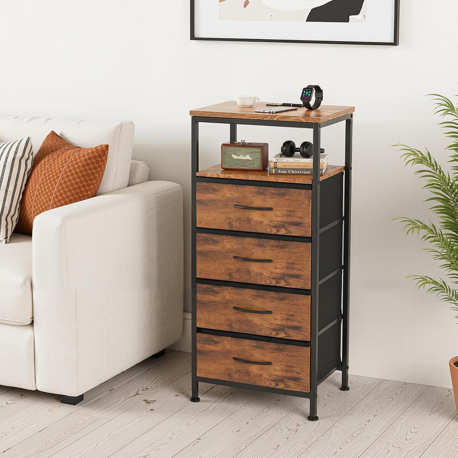 DUMOS Nightstand with Charging Station, Bedside End Table with 4 Fabric Drawers & USB/Type-C Ports and Outlets, Night Stand for Bedroom Furniture, Adjustable Feet and Variable Light Strip, Rust