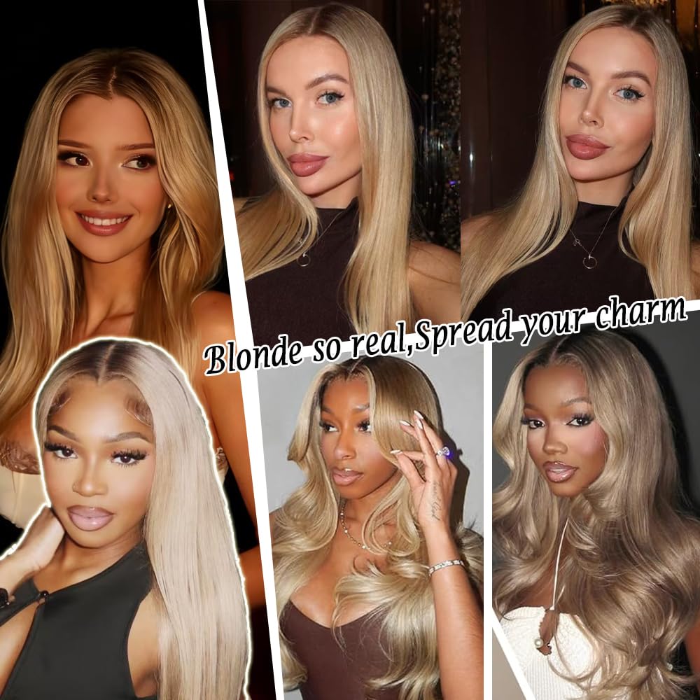 22 Inch Ombre Brown Roots Ash Blonde Wigs Human Hair 13x6 Blonde Lace Front Wigs Human Hair 200% Density Ash Blonde With Brown Root Stright Wig Human Hair for Women Ombre Blonde HD Lace Frontal Wig