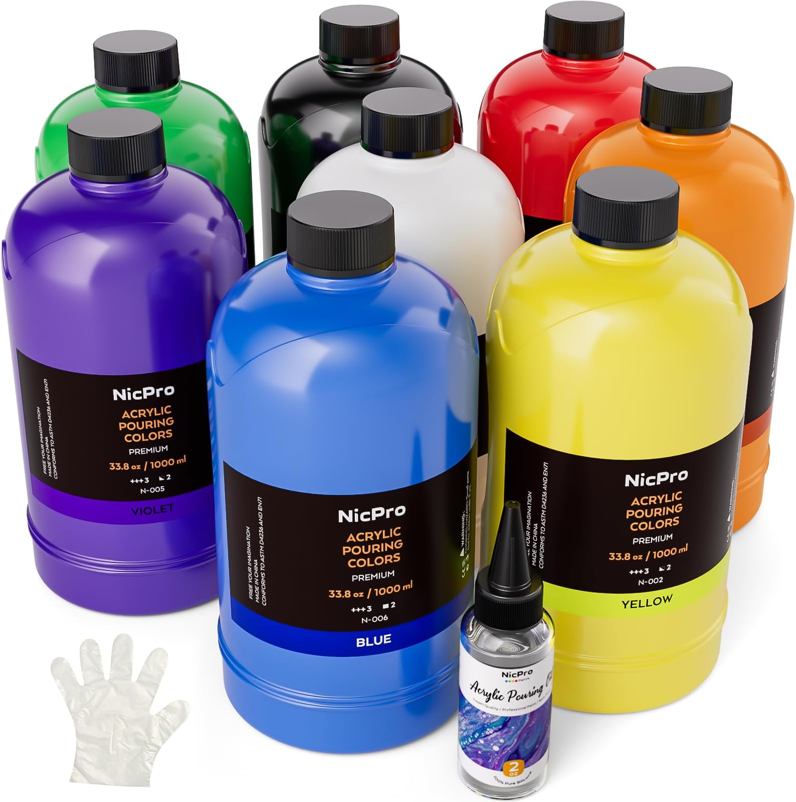 8 Colors Large Bulk Acrylic Pour Paint Set (33.8 oz, 1000 ml) Premixed High Flow Art Pouring Paint Supplies Kit with Silicone Pour Oil, Gloves for Beginner Cell Creation Flow DIY, Ready to Pour