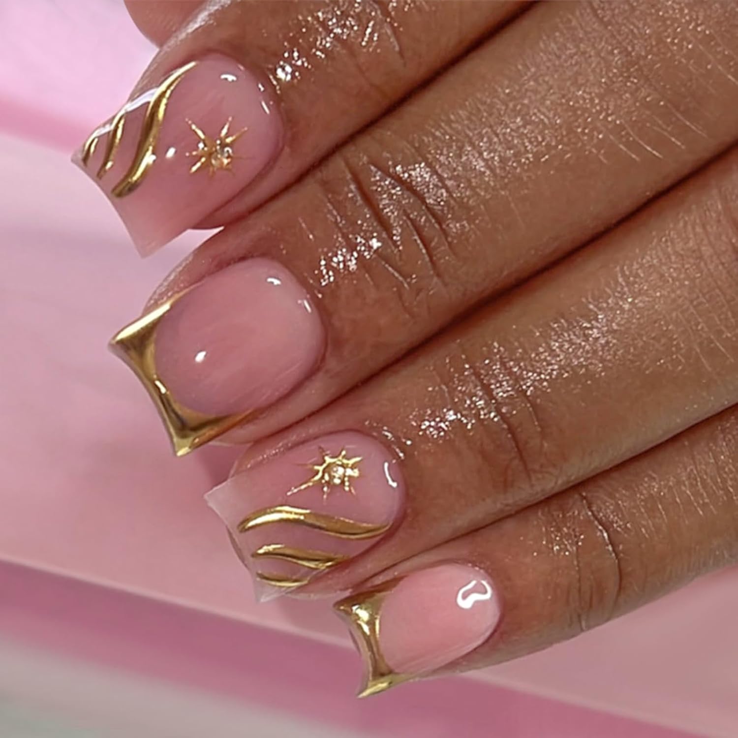 HOSAILY Pink Press on Nails Short Almond Milky Butter Yellow French Tip Pink Ombre 3D Flower Gold Starfish Rhinestone Gold Beads Beach Vacation Glossy Handmade Summer Cute Nails for Women(30Pcs)