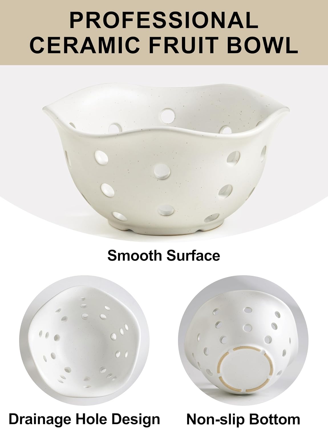 Condition photo showing As Is for gomakren fruit basket set of 2, ceramic fruit bowl berry basket with holes, 7.6 inch fruit containers colander for fridge - farmhouse kitchen decor, cream white cream white floral-7.6 inch
