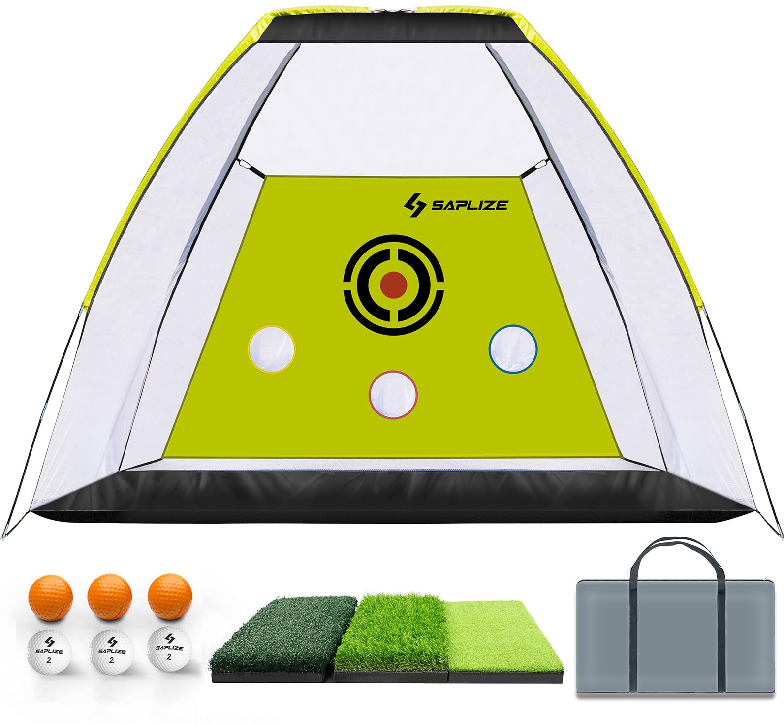 SAPLIZE Noise Reduction Design Golf Practice Net, 10 x 7 ft High Impact Hitting Aid Net with Golf Mat, Tees and Balls for Backyard Driving, Chipping