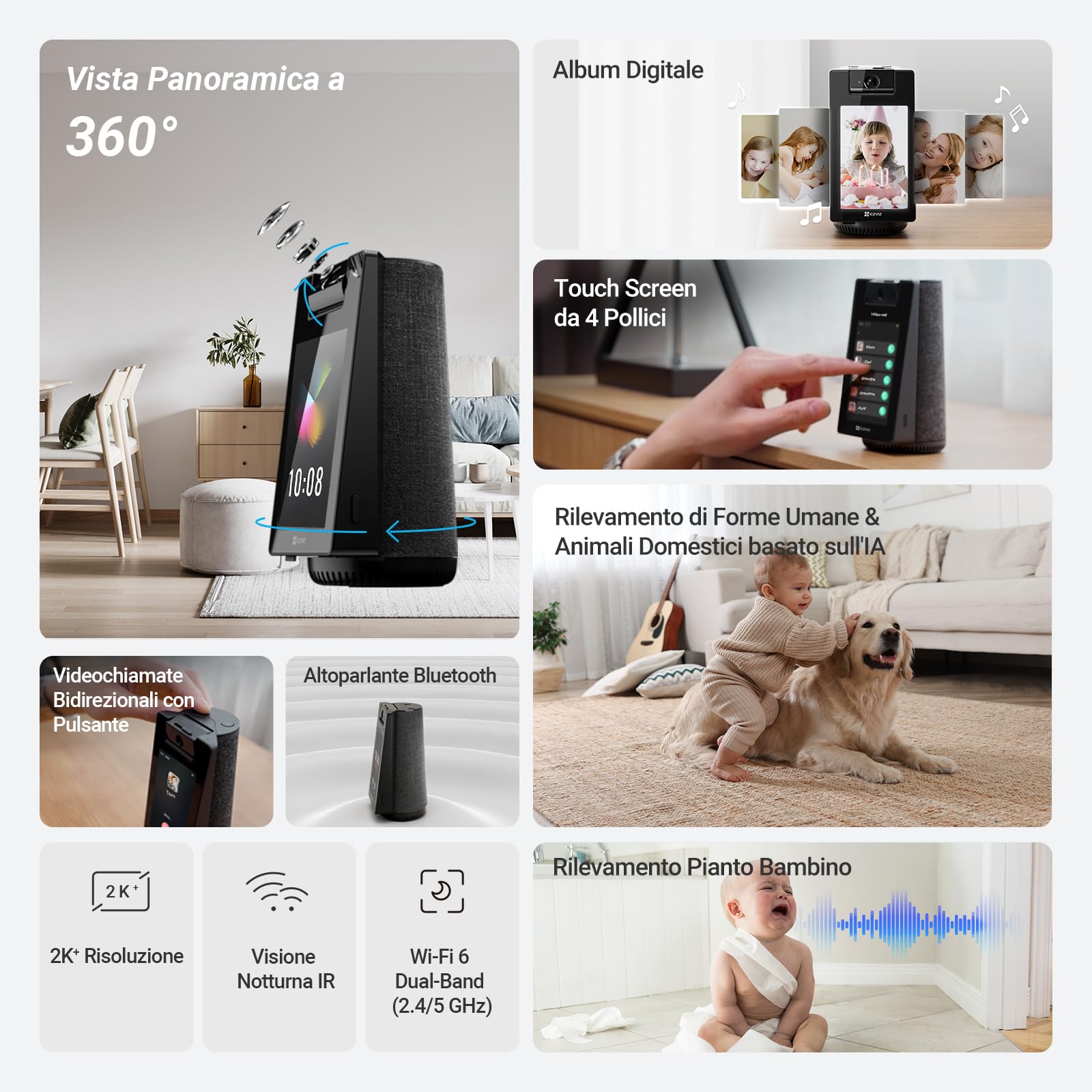 EZVIZ Telecamera WiFi Interno 2K+ 360° con Videochiamata, Rilevamento AI Persone/Animali/Pianto, Monitoraggio Bambini e Anziani, Album Digitale e Altoparlante Bluetooth, WiFi Dual-Band 2,4/5GHz, S10